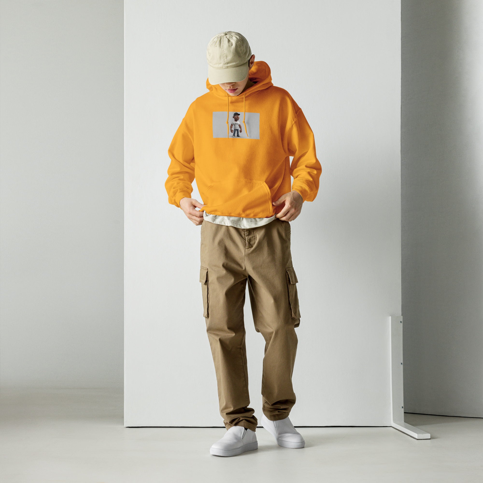 Unisex hoodie in gold/orange with front graphic and kangaroo pocket
