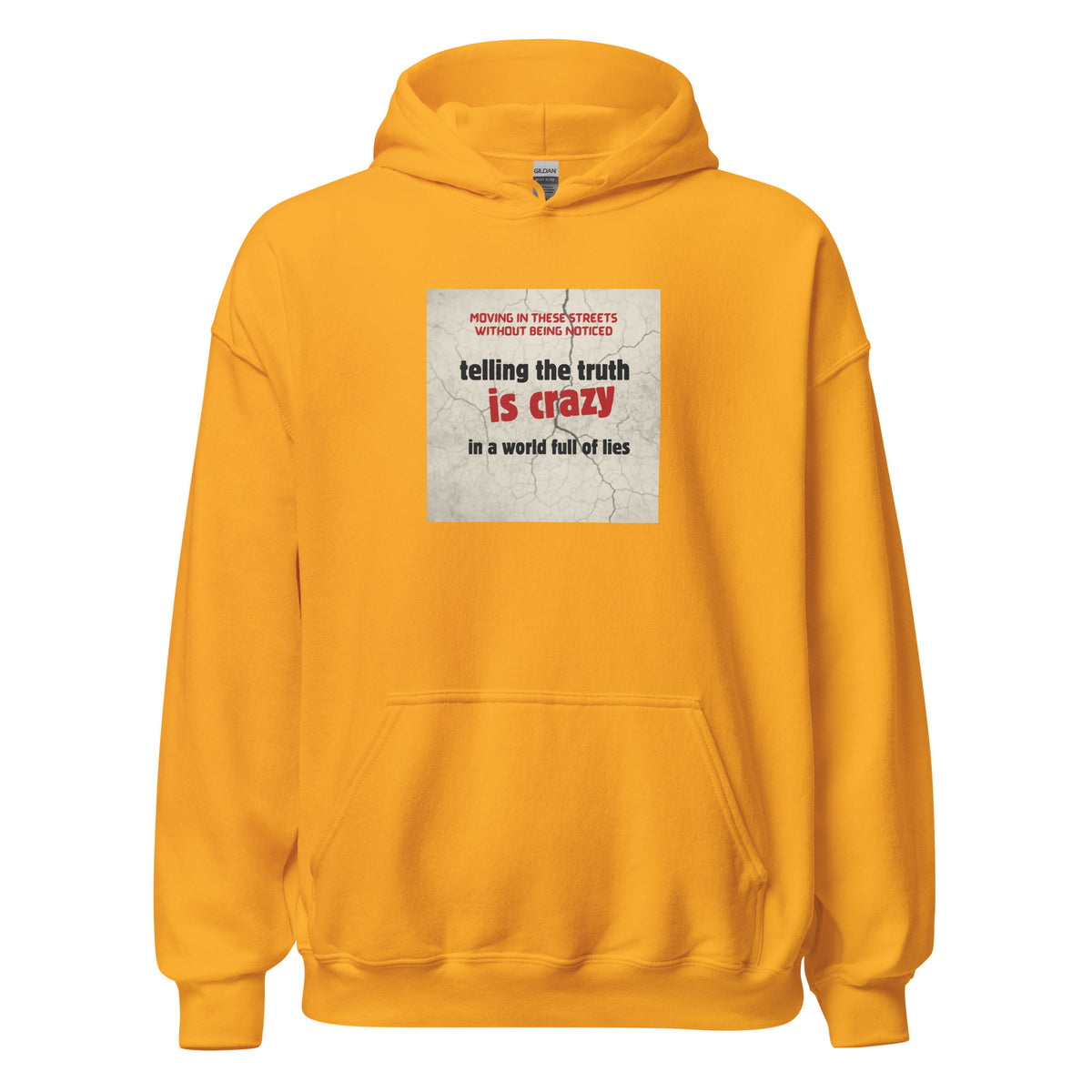 Orange unisex pullover hoodie with front graphic, kangaroo pocket, and drawstring hood.