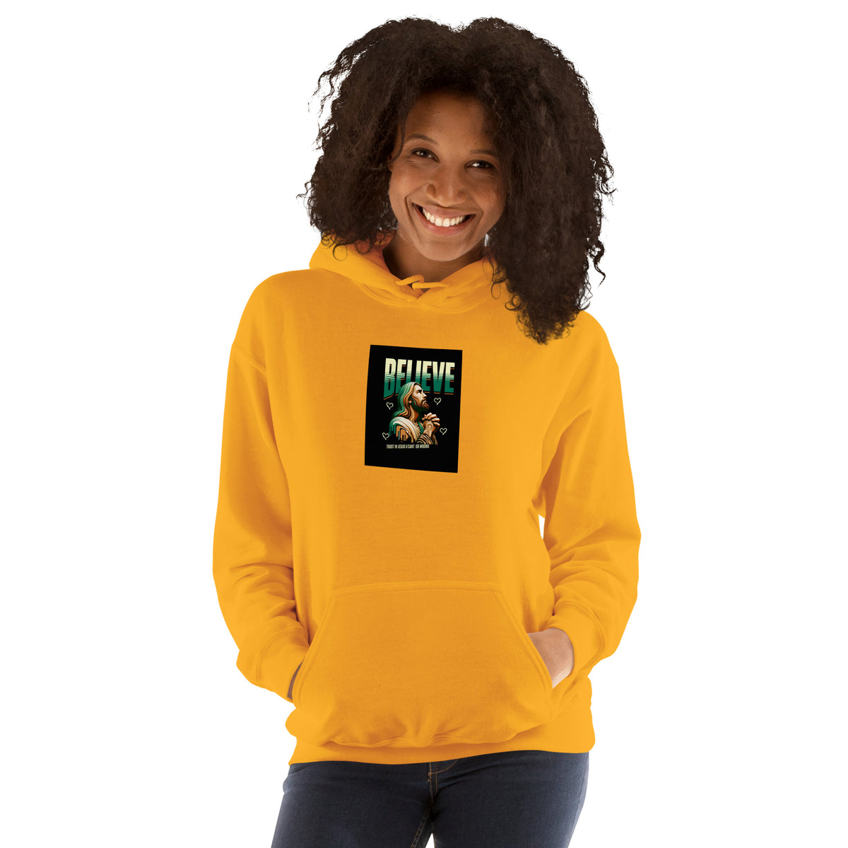 Mustard yellow pullover hoodie with hood, kangaroo pocket, and chest graphic print.