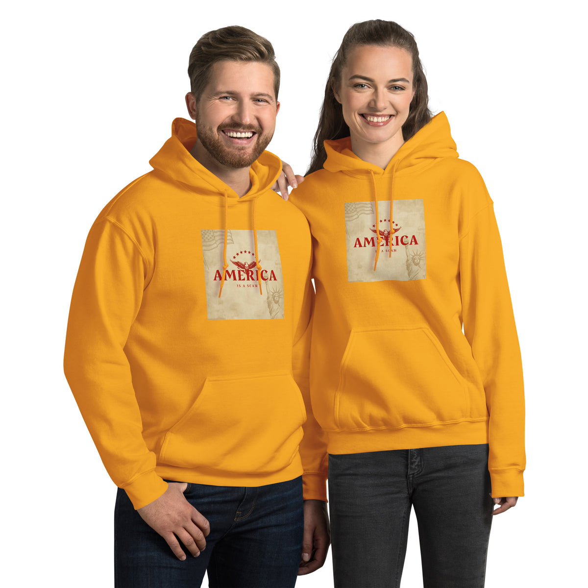 Unisex pullover hoodie in mustard yellow with front graphic print and kangaroo pocket