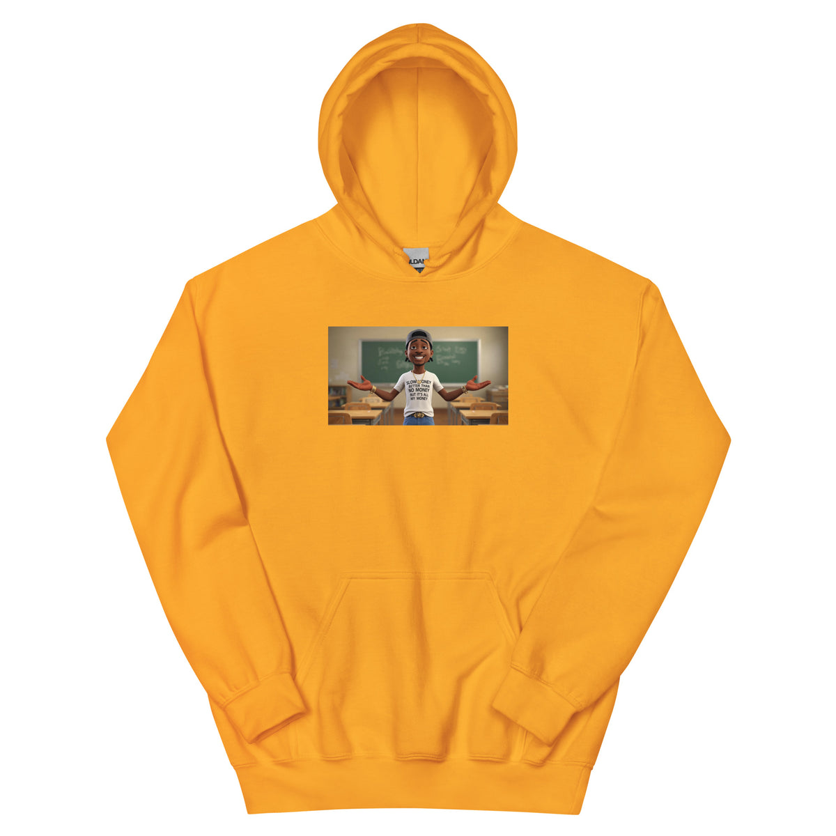 Orange hooded sweatshirt with front graphic panel and kangaroo pocket.