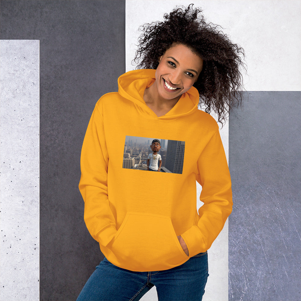 Mustard yellow pullover hoodie with hood and front photo graphic, kangaroo pocket