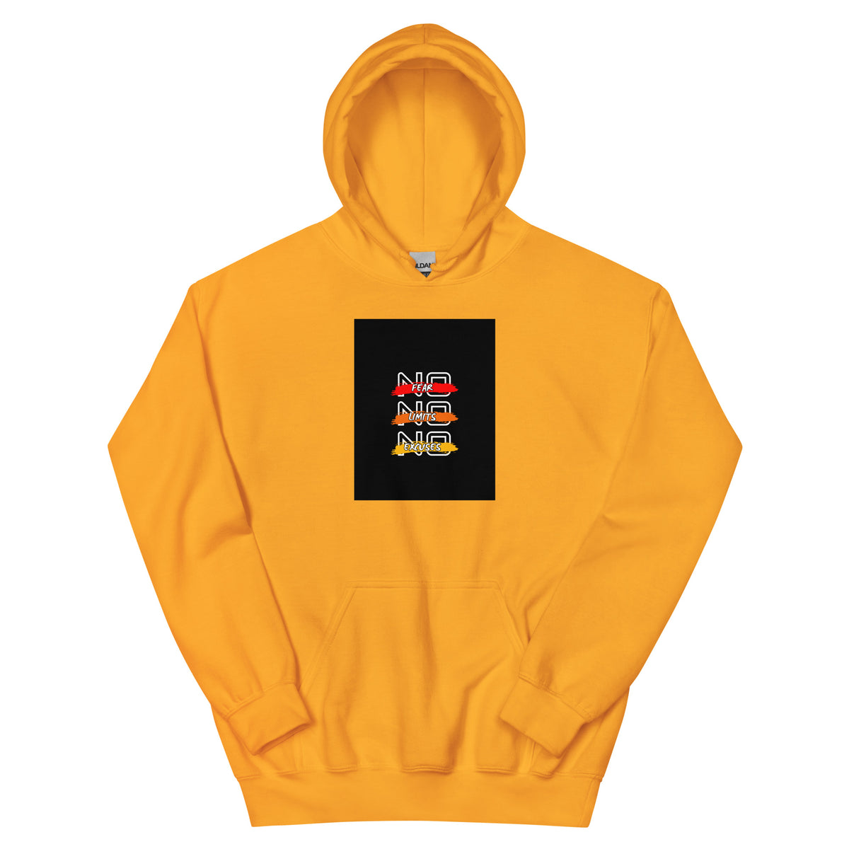 Orange pullover hoodie with front square logo graphic and drawstring hood