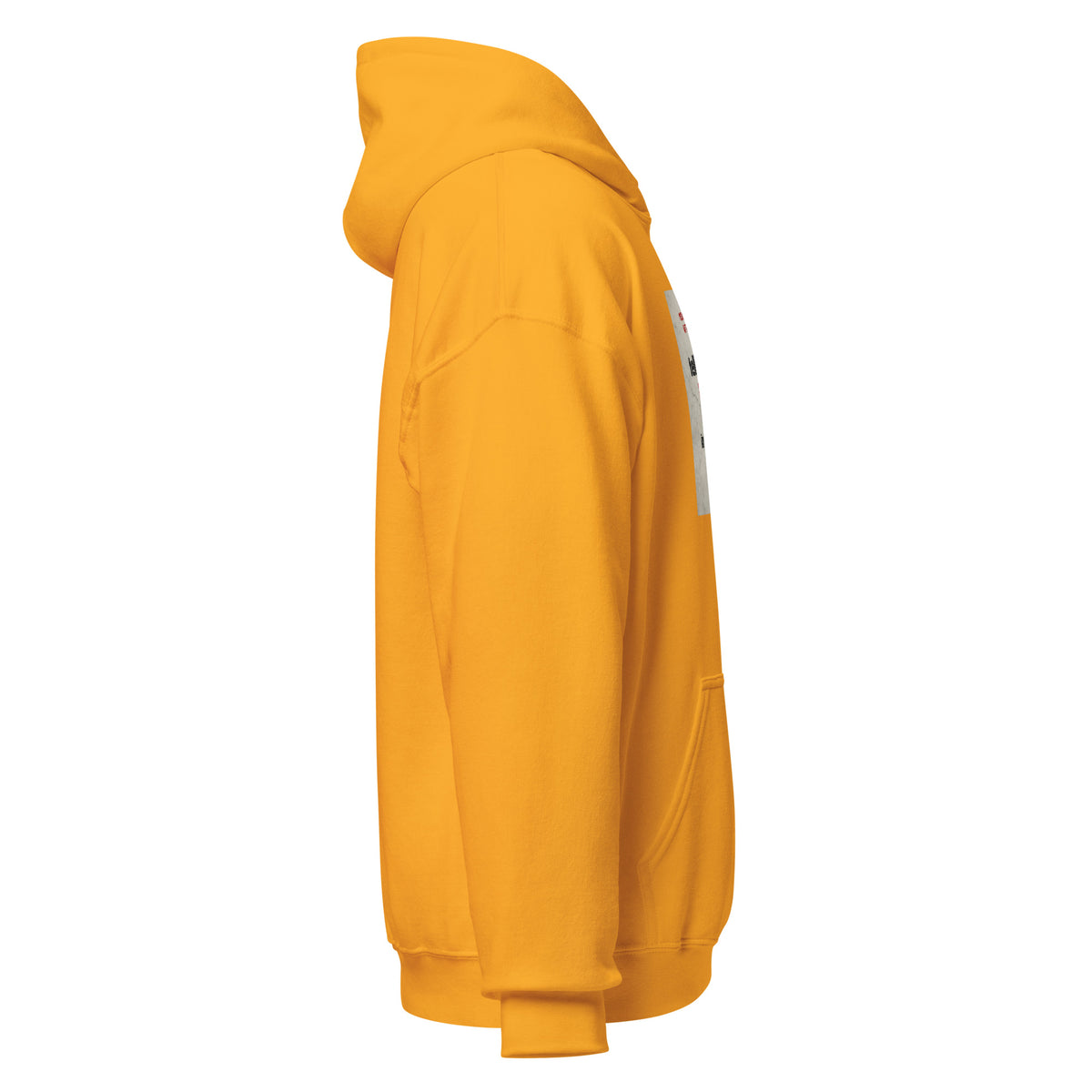 Gold unisex pullover hoodie, side view with ribbed cuffs and hem