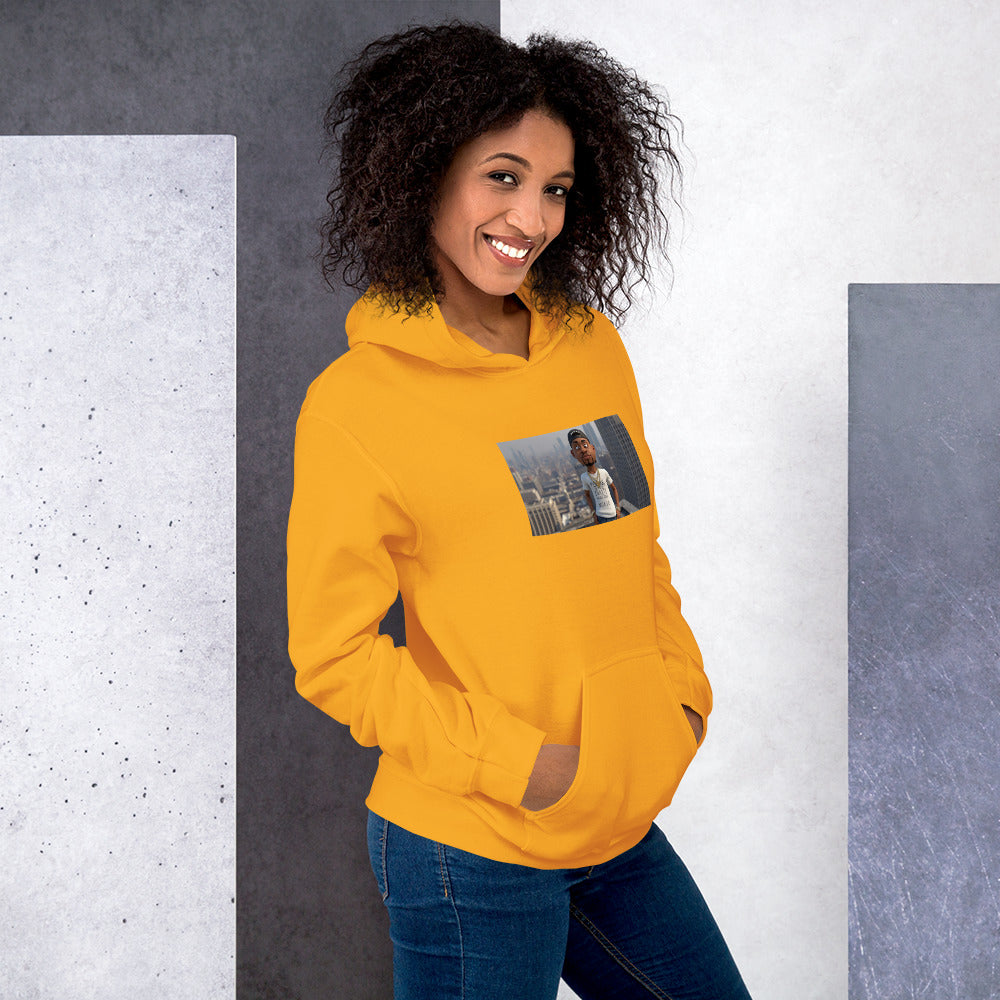 Yellow streetwear hoodie with front pocket, drawstring hood, and photo-style chest print
