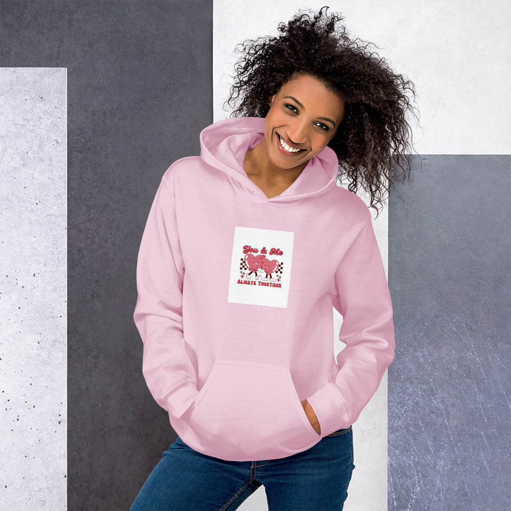 Light Pink unisex hoodie with heart graphic on chest and front pouch pocket, pullover hood