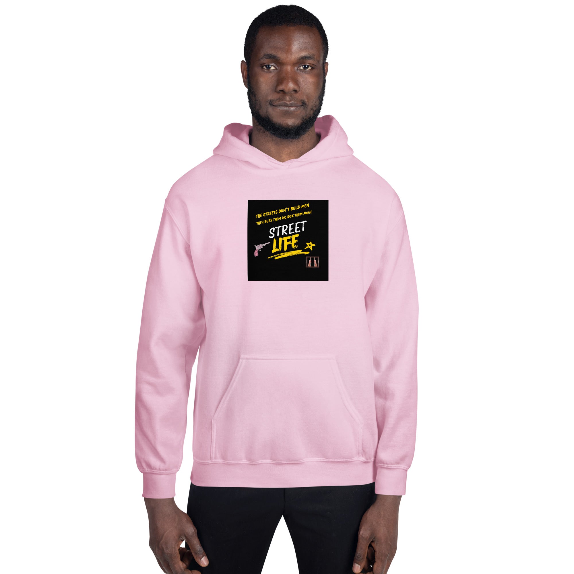 Light pink Street Life hoodie with kangaroo pocket and centered front graphic print