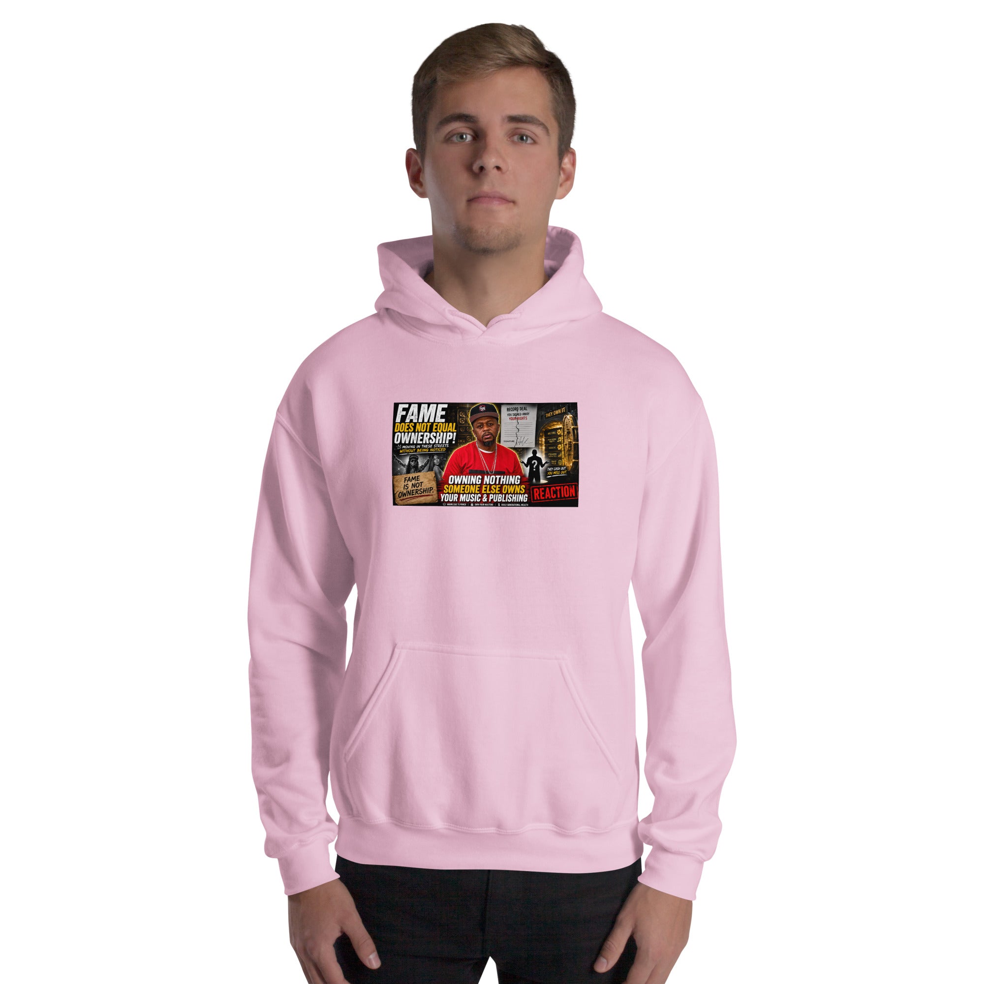 Light pink unisex hoodie with front graphic, hood, and kangaroo pocket