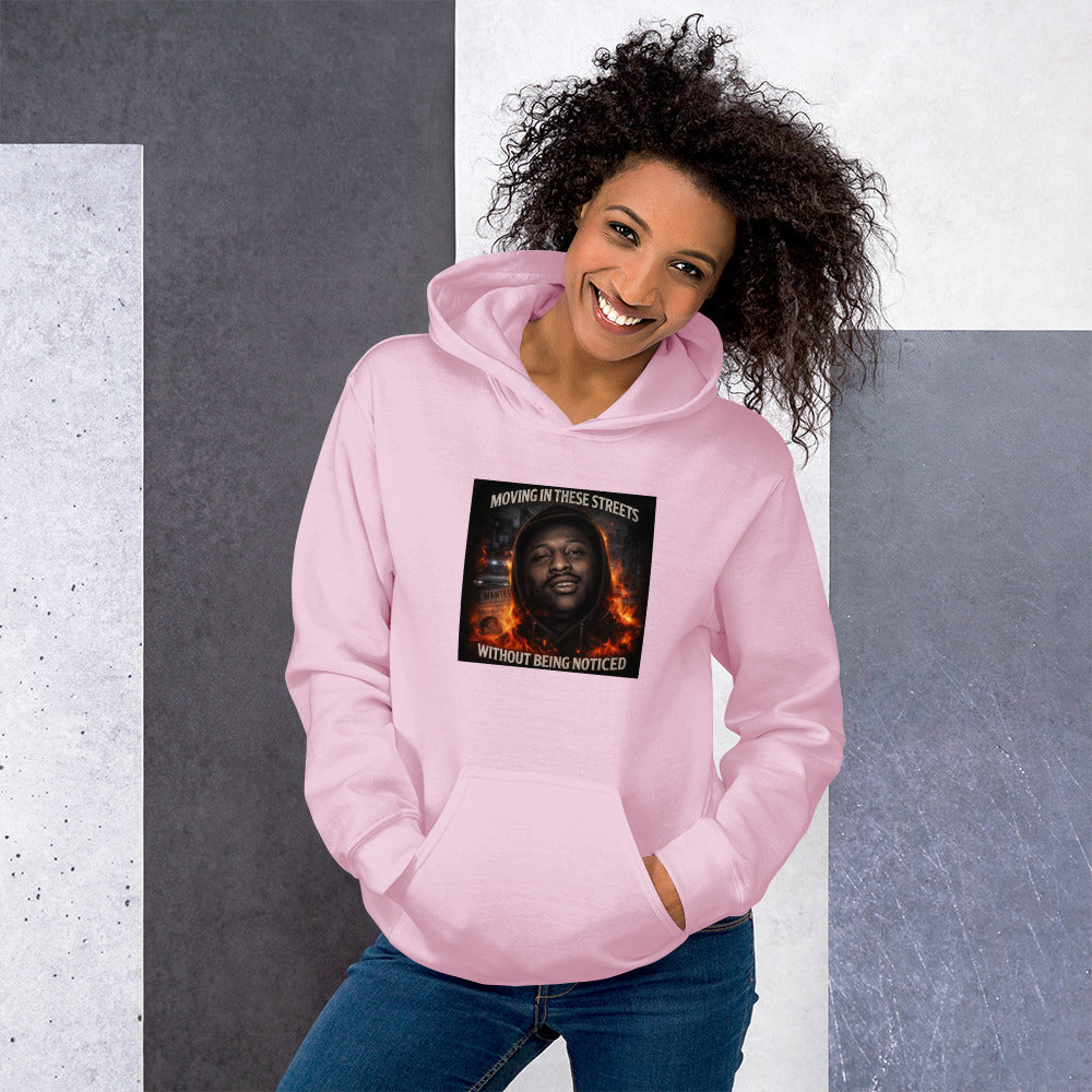 Light pink pullover hoodie with front graphic patch, kangaroo pocket, drawstring hood