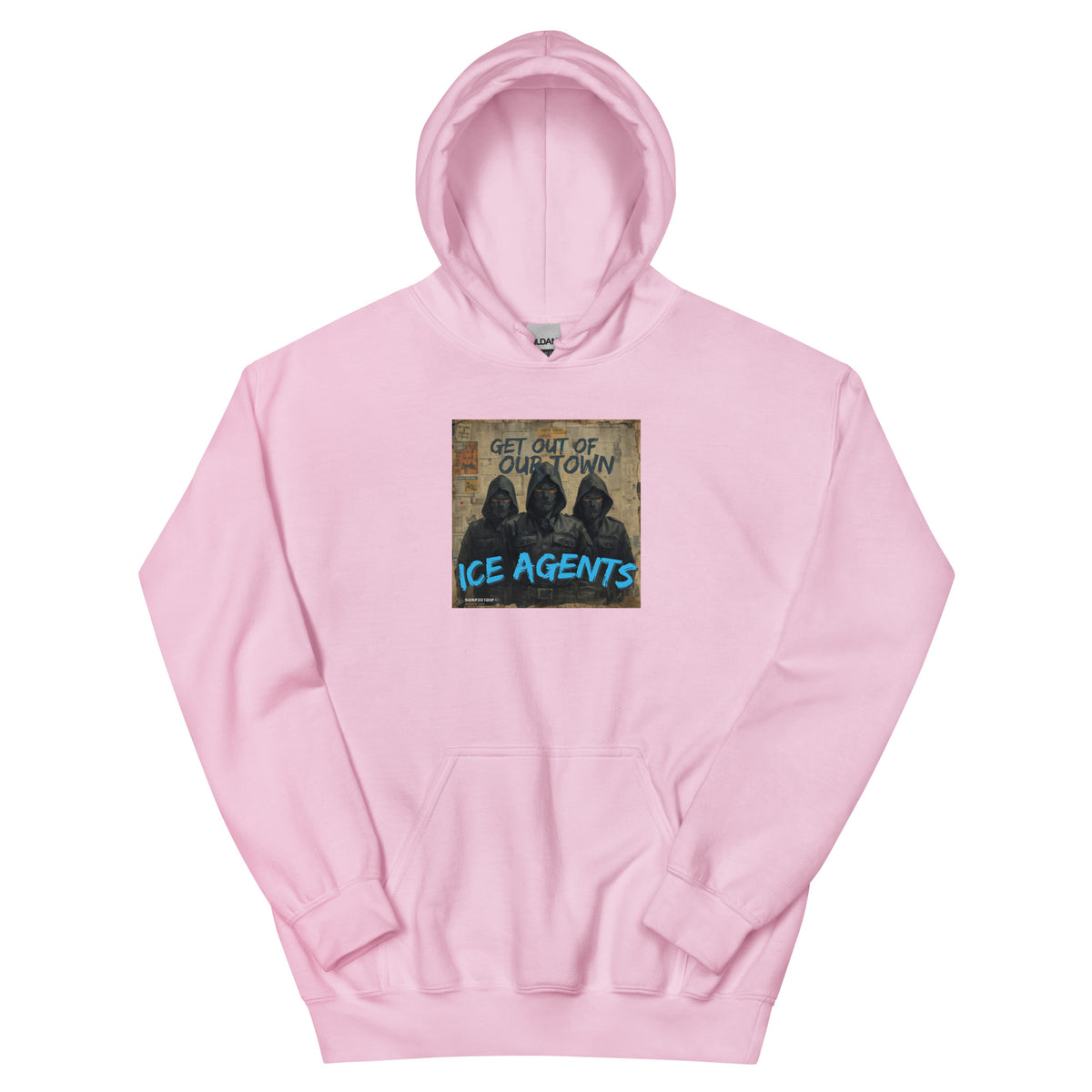 Light pink pullover hoodie with front graphic print and adjustable hood