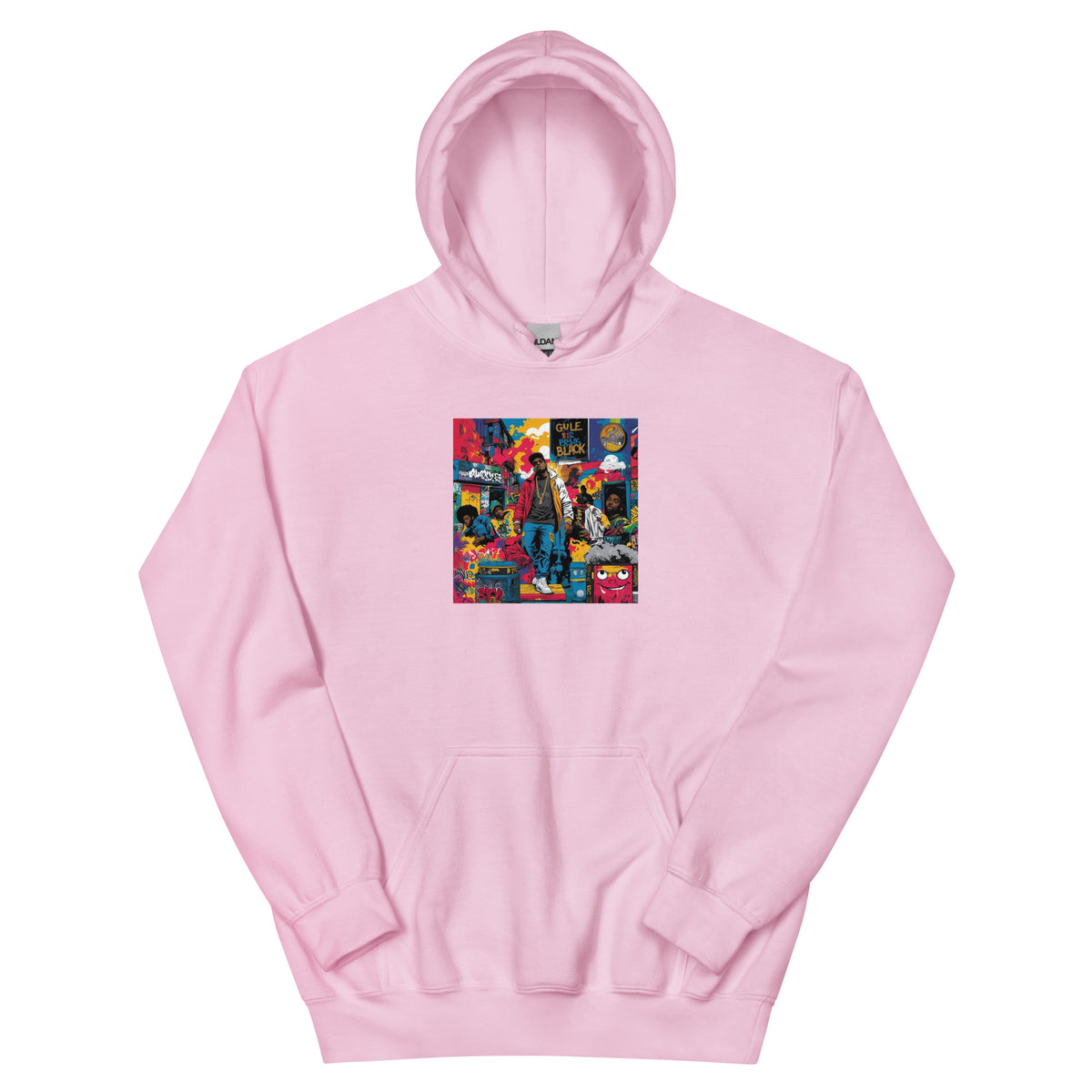 Light pink pullover hoodie with front square graphic print and kangaroo pocket