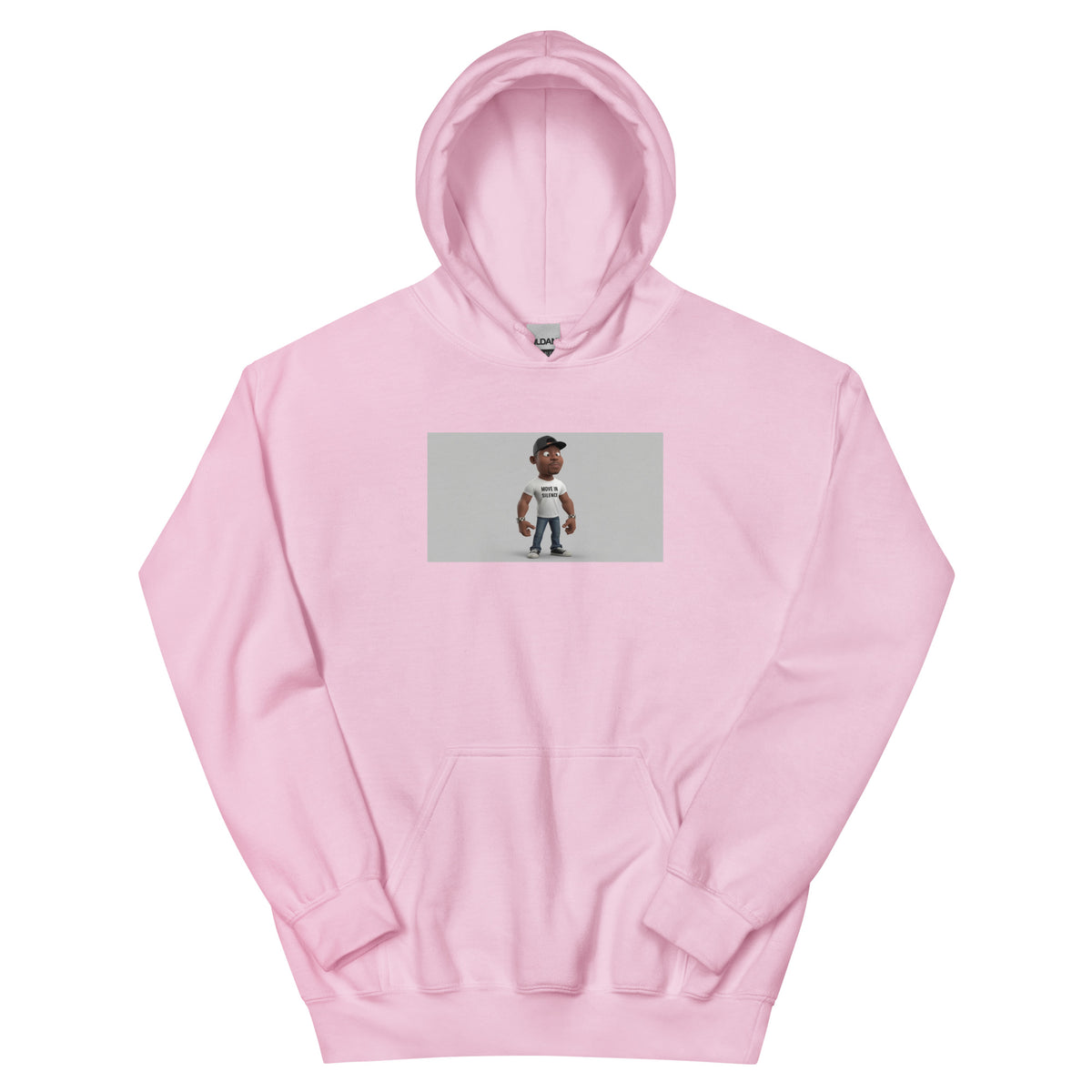 Light pink unisex hoodie with front pocket and chest graphic