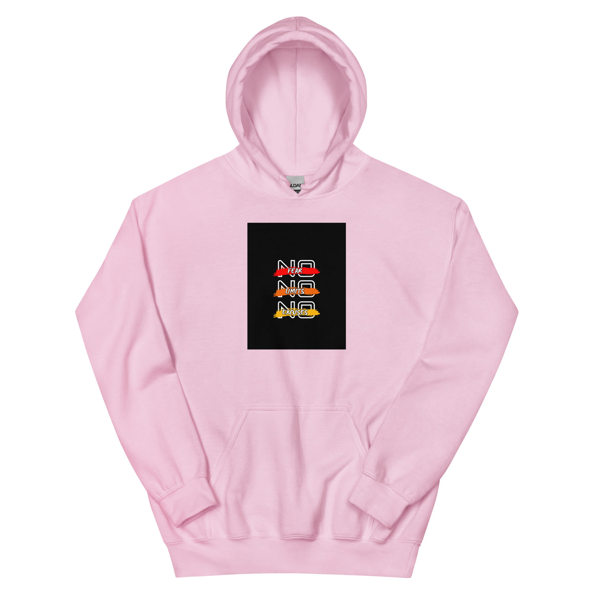 Light pink streetwear hoodie with front chest graphic, pullover hood and kangaroo pocket