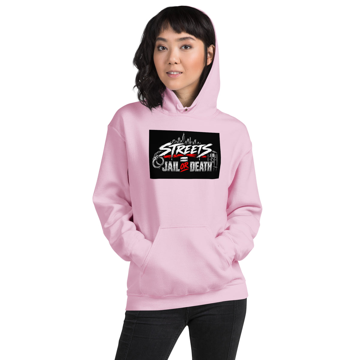 Unisex pink hoodie with hood, front pocket, and Streets Jail or Death graphic on chest.