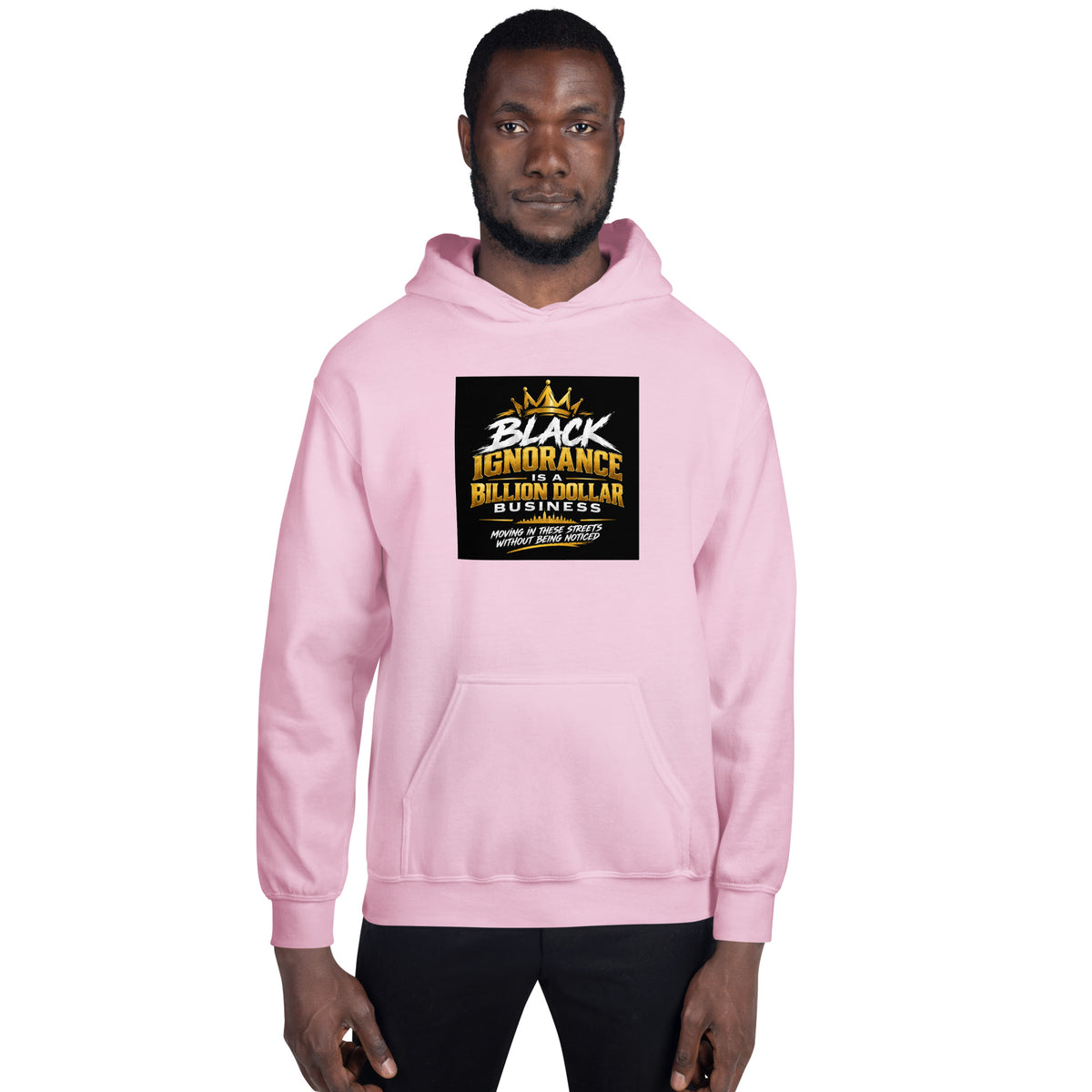 Light pink unisex hoodie front view with hood and logo graphic