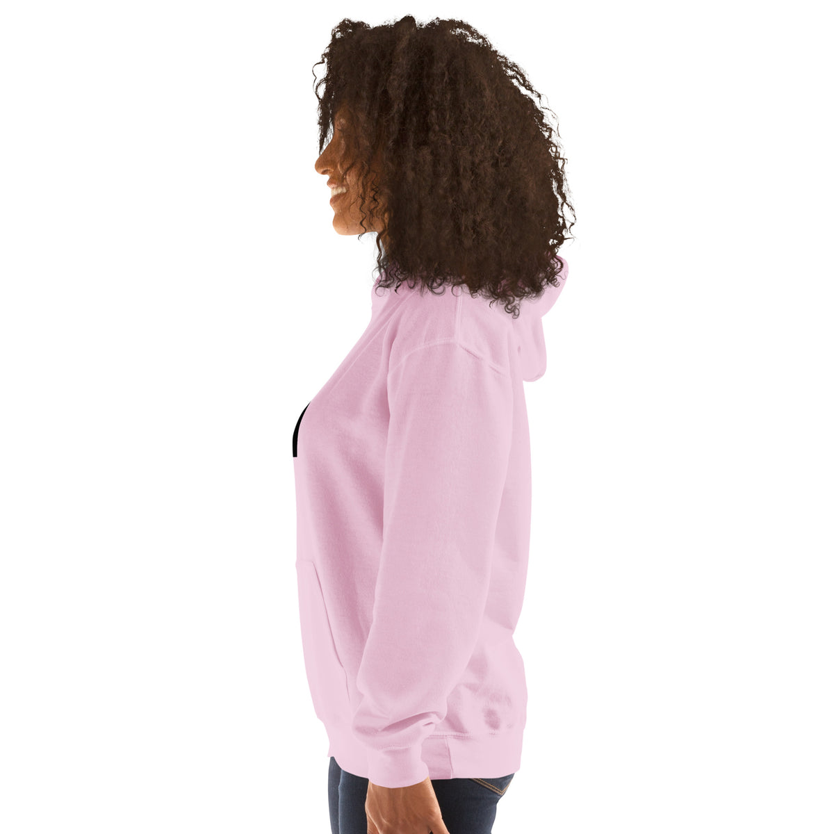 Light pink pullover hoodie with hood, front pocket, and printed chest graphic