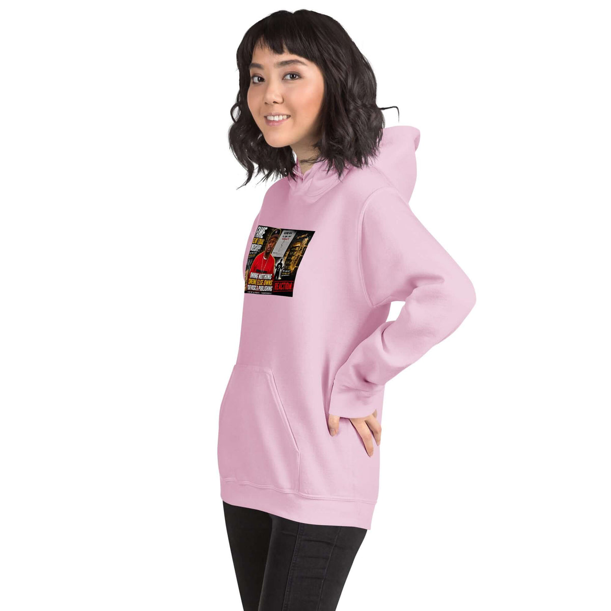 Light pink unisex hoodie with front graphic print, drawstring hood and kangaroo pocket