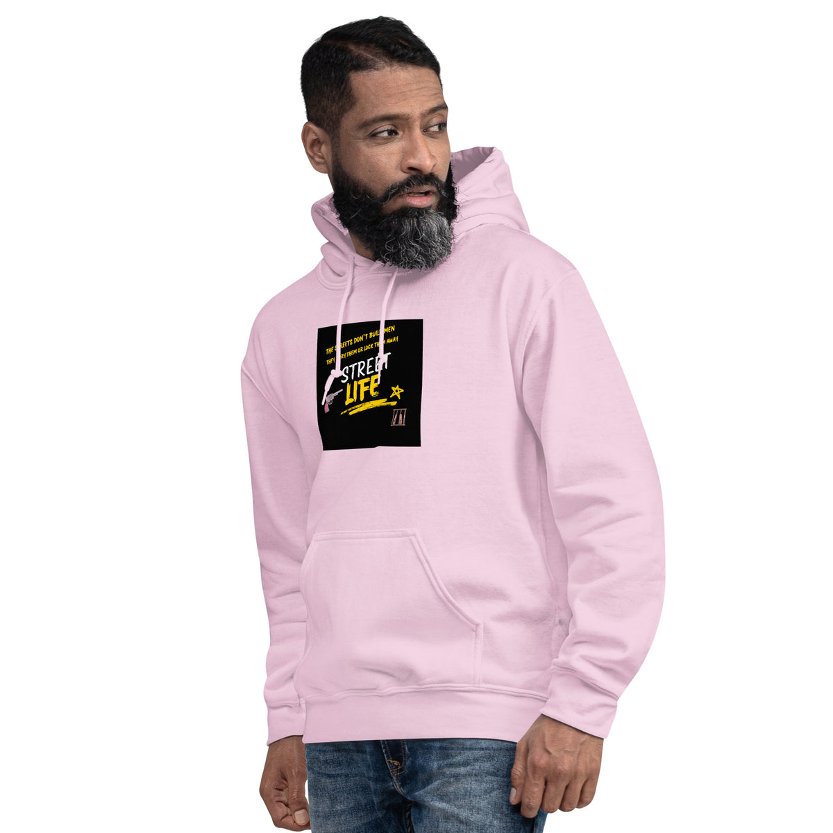 Light pink unisex hoodie with pullover hood, drawstrings, kangaroo pocket, and front graphic patch.