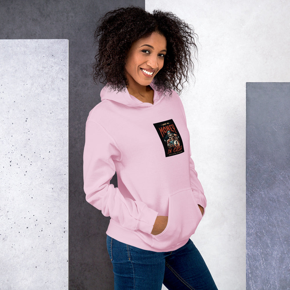 Light pink unisex hoodie front view with hood; “MONEY IN CASH” graphic on chest