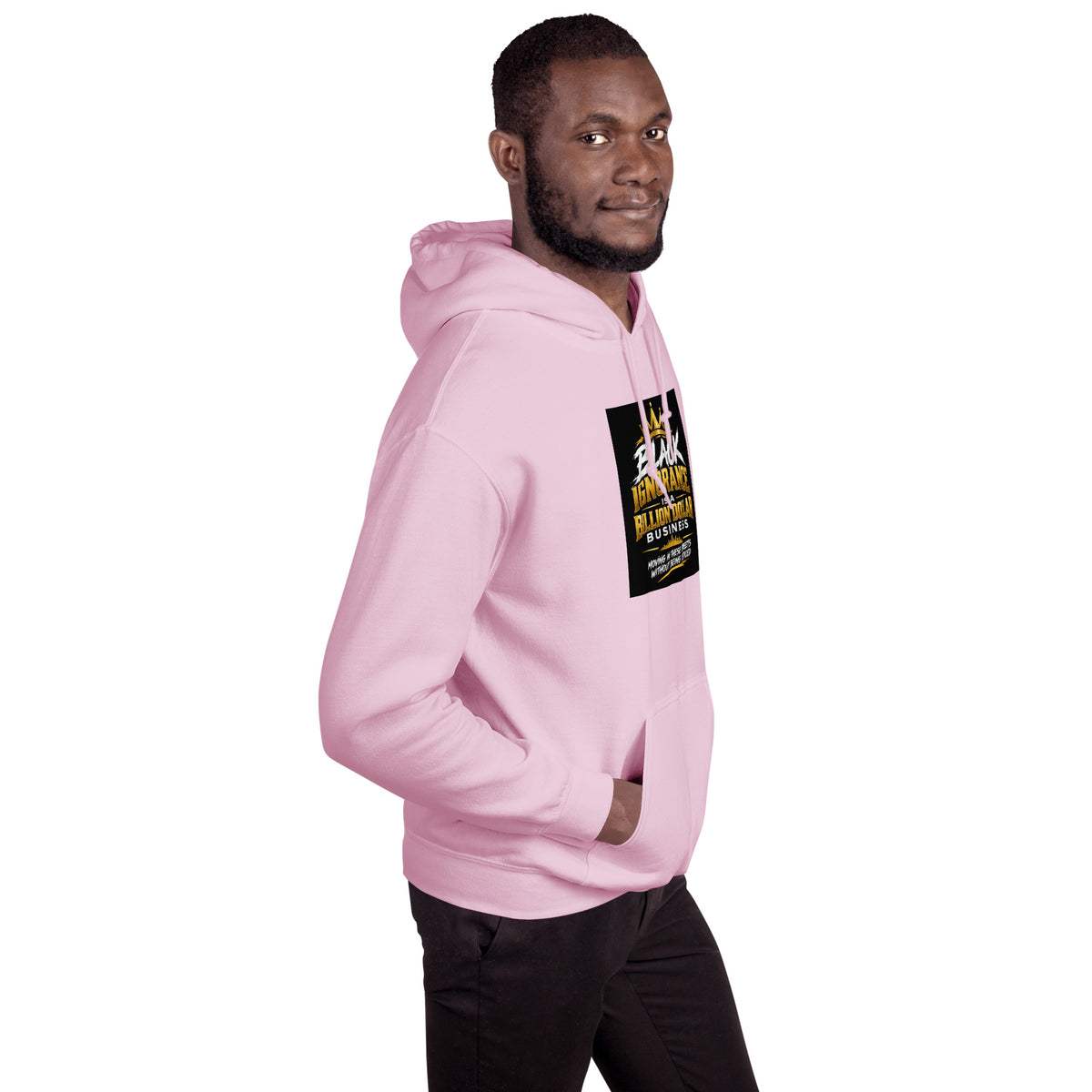 Light pink unisex hoodie side profile with logo graphic
