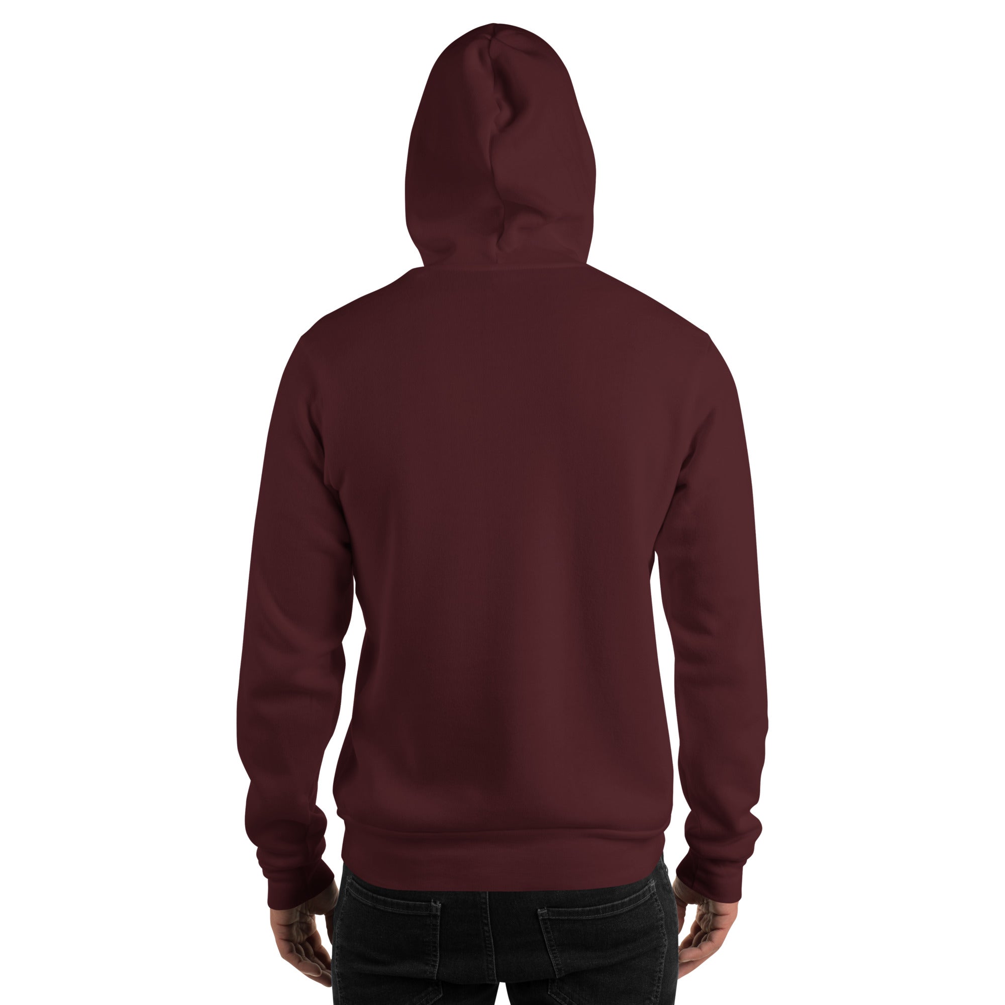 Maroon unisex hoodie with back view hood and long sleeves
