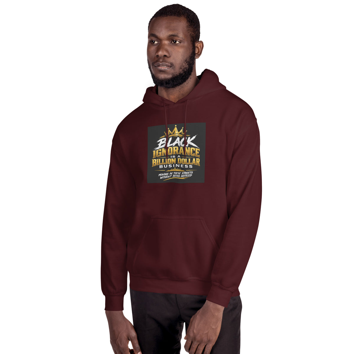Maroon unisex pullover hoodie with front graphic print and kangaroo pocket