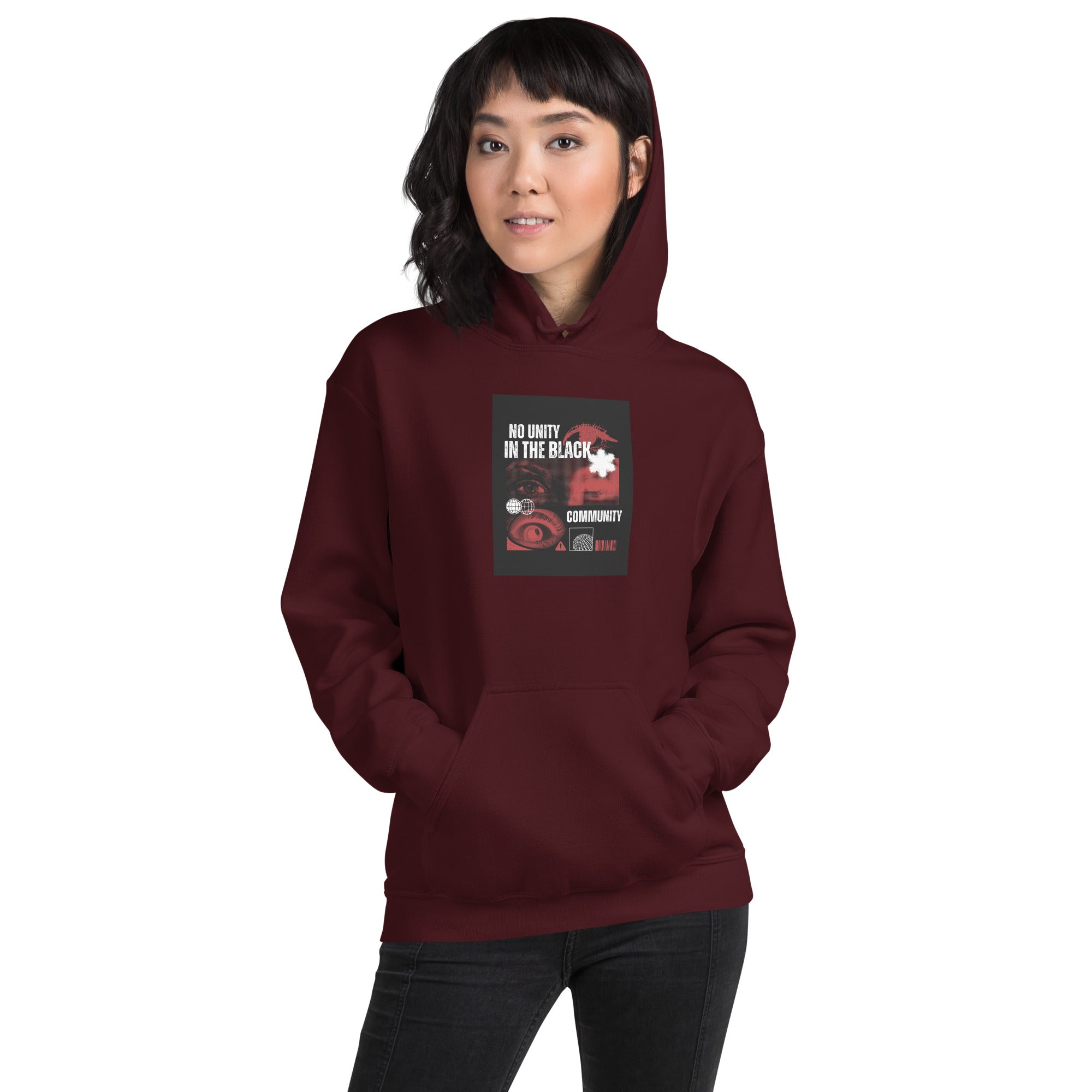 Unisex-Hoodie mit Kapuze, dunkelrot, Frontansicht mit mittigem Brustprint