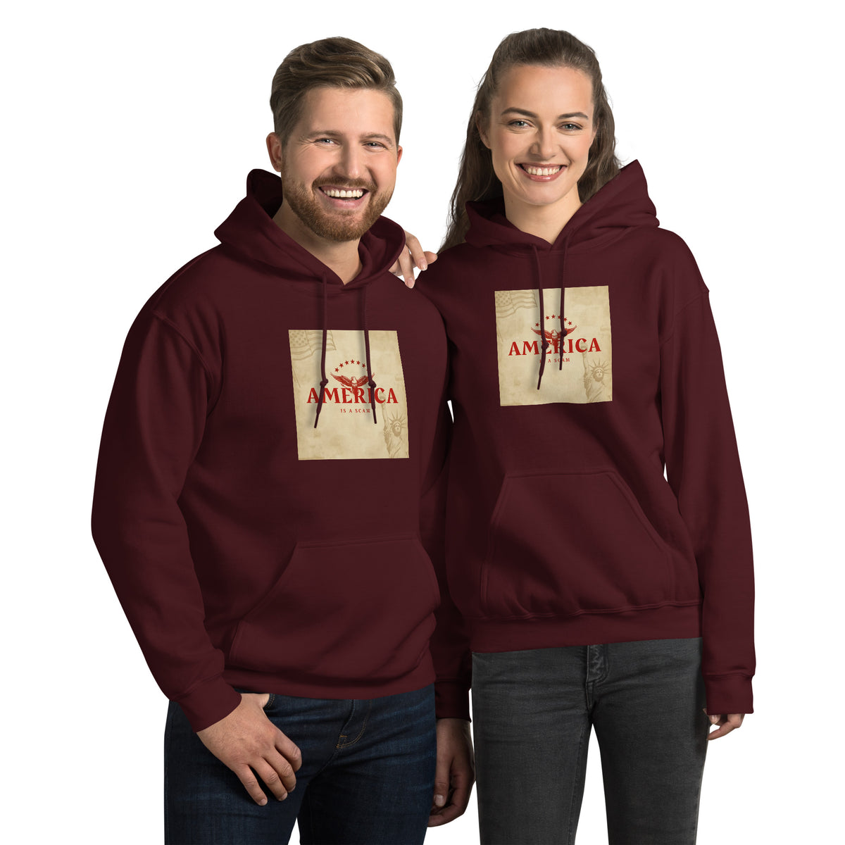 Unisex maroon streetwear hoodie with front “AMERICA” graphic print, kangaroo pocket.