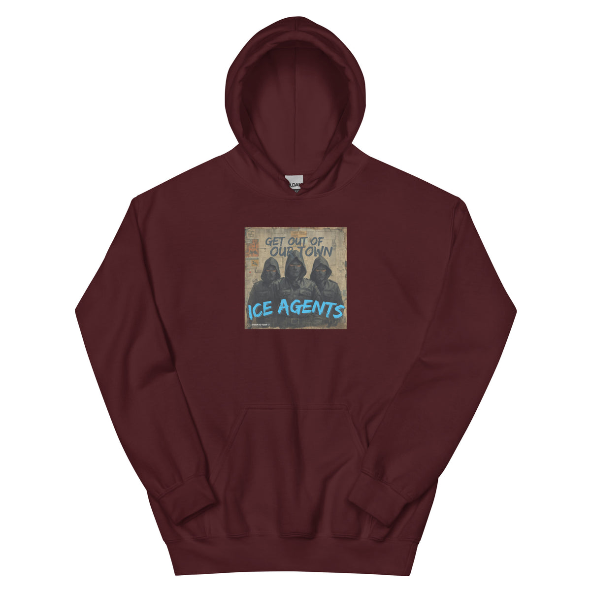 Maroon pullover hoodie with front graphic logo print and kangaroo pocket