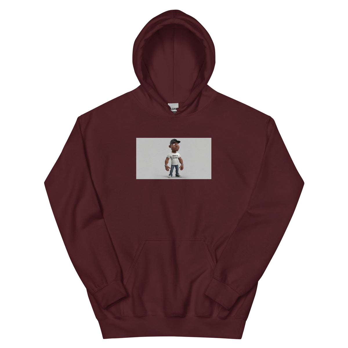Maroon unisex pullover hoodie with centered graphic print and kangaroo pocket