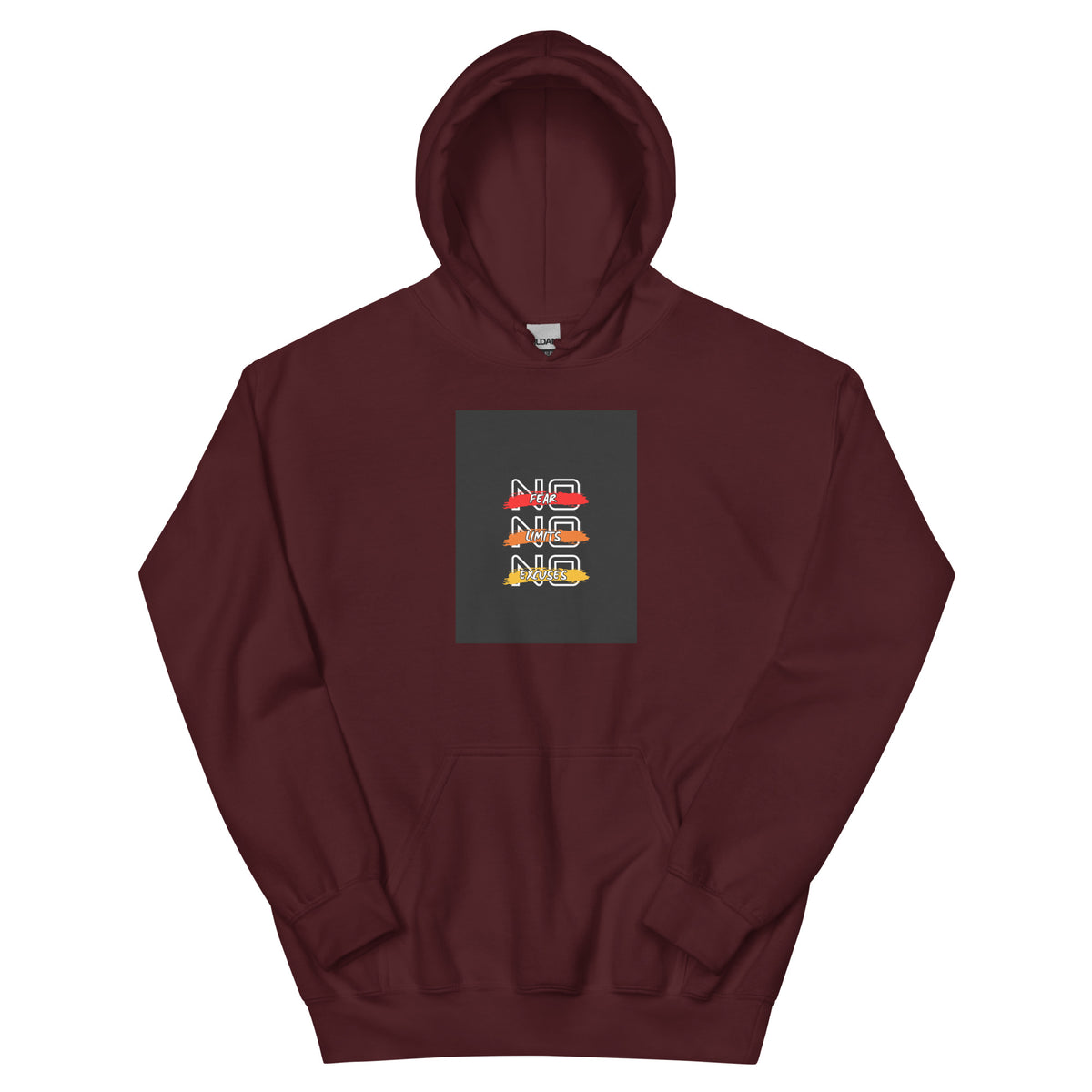 Maroon pullover hoodie with front square logo graphic and hood drawstring.