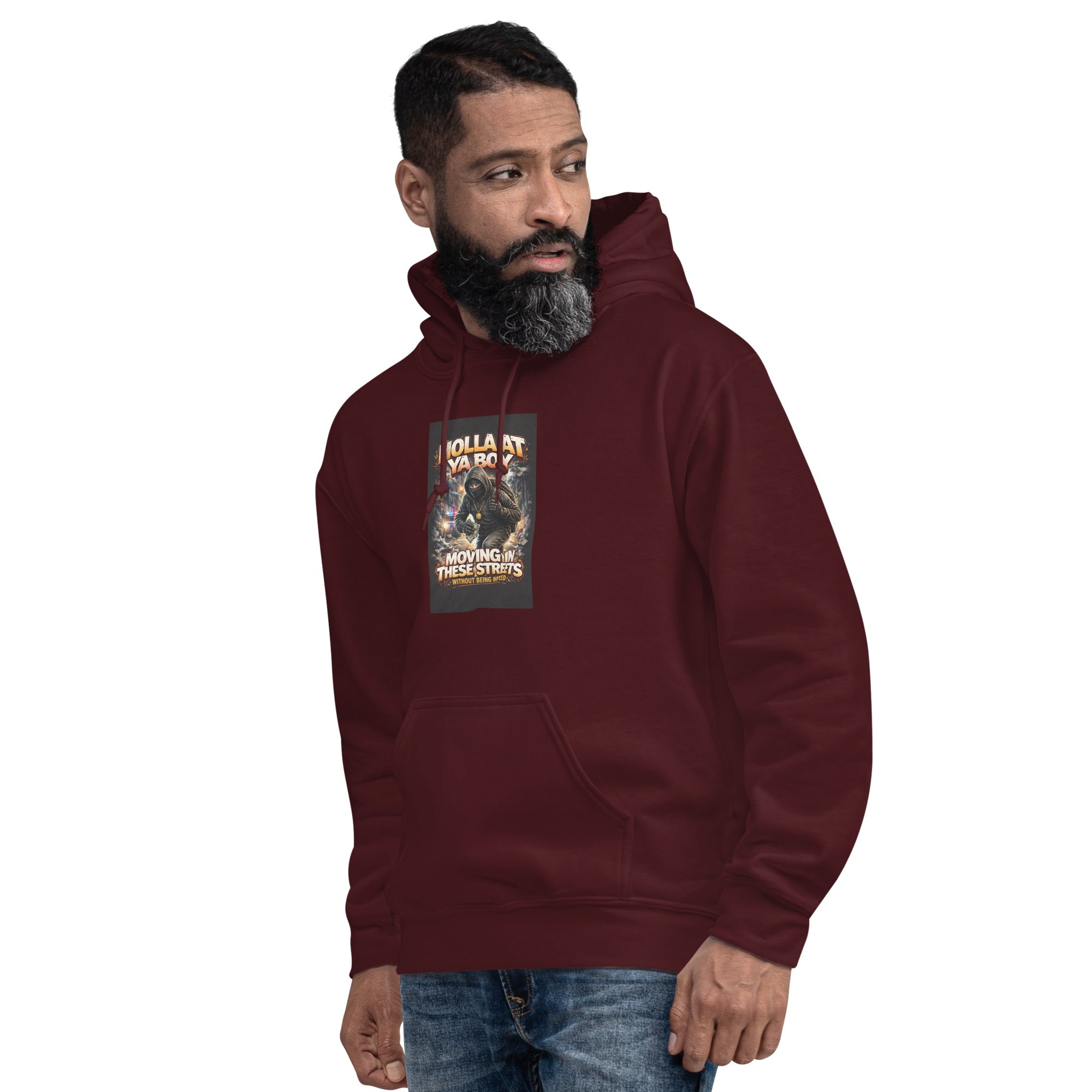 Unisex maroon hoodie with hood, front kangaroo pocket, and chest graphic print