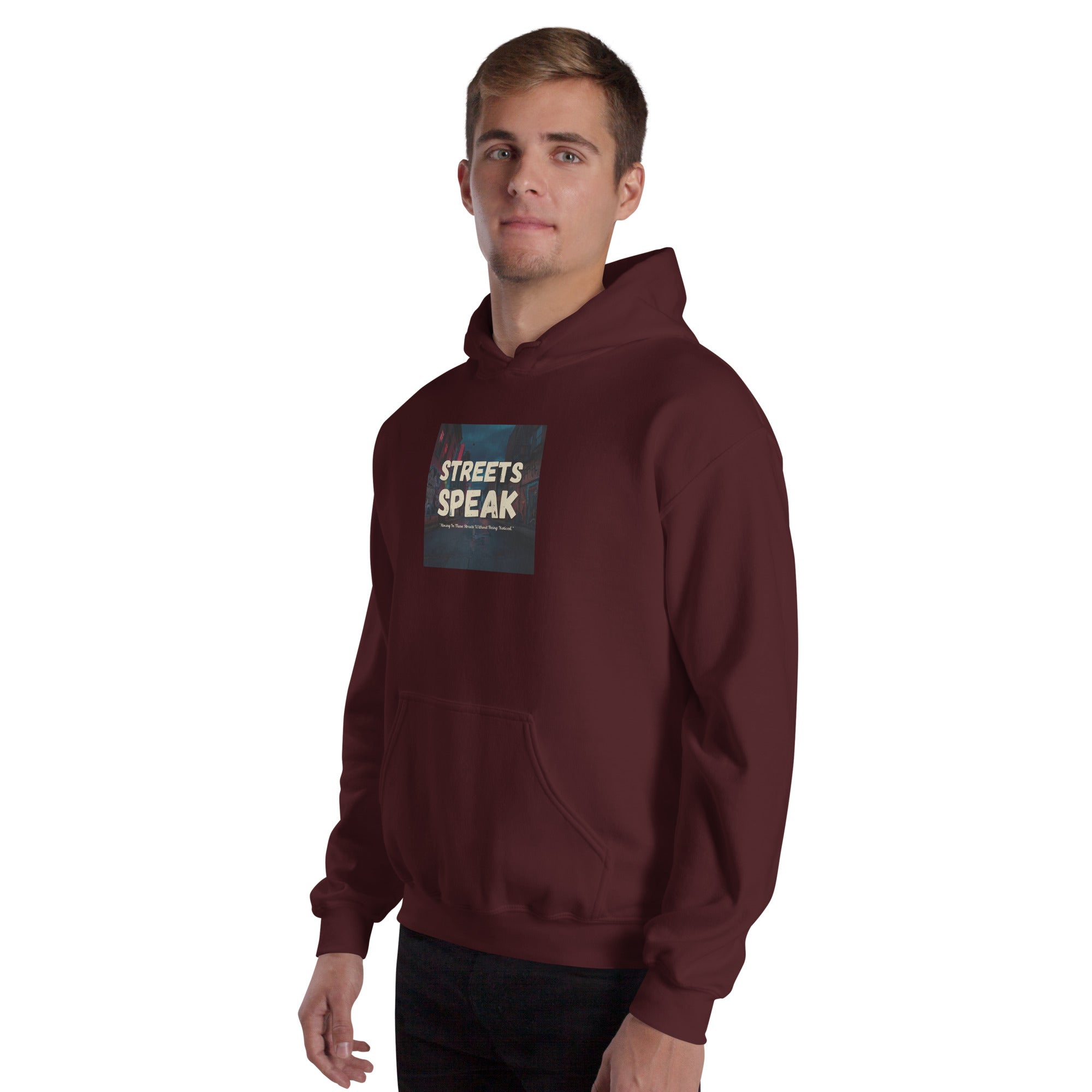 Unisex hoodie, maroon, front view with “STREETS SPEAK” logo on chest