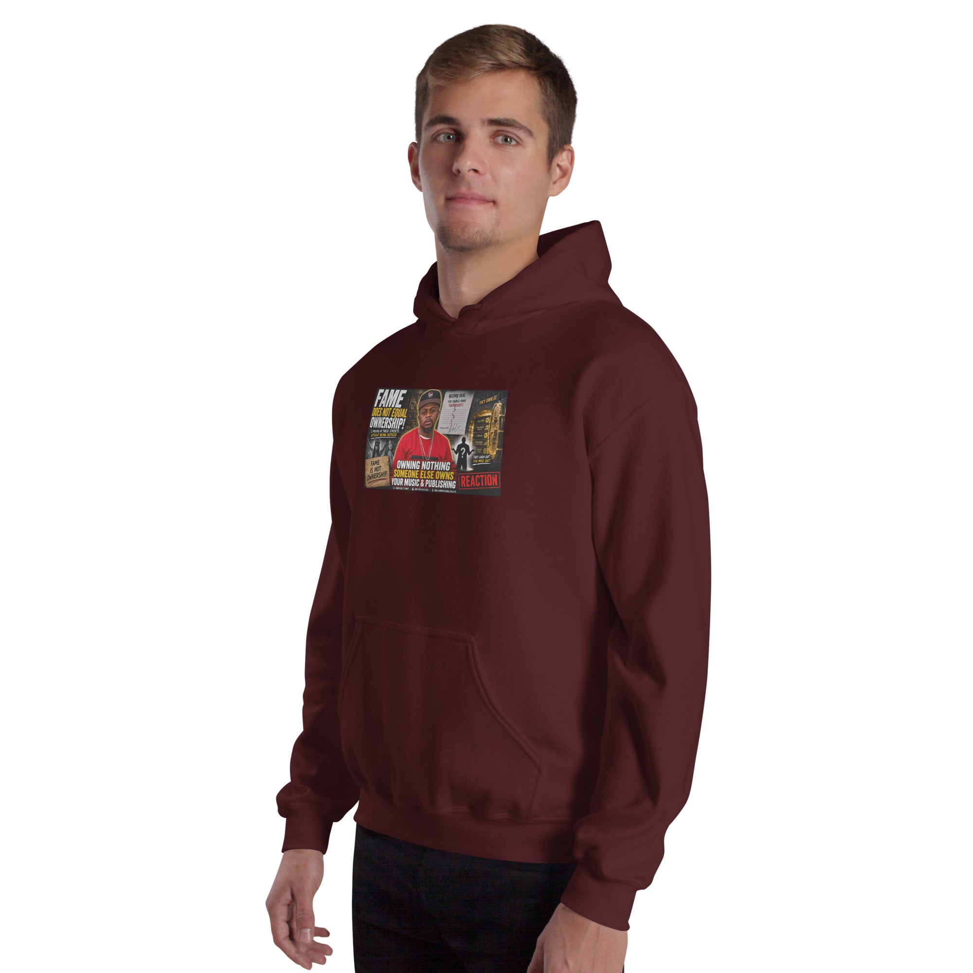 Maroon unisex hoodie with front graphic print and kangaroo pocket