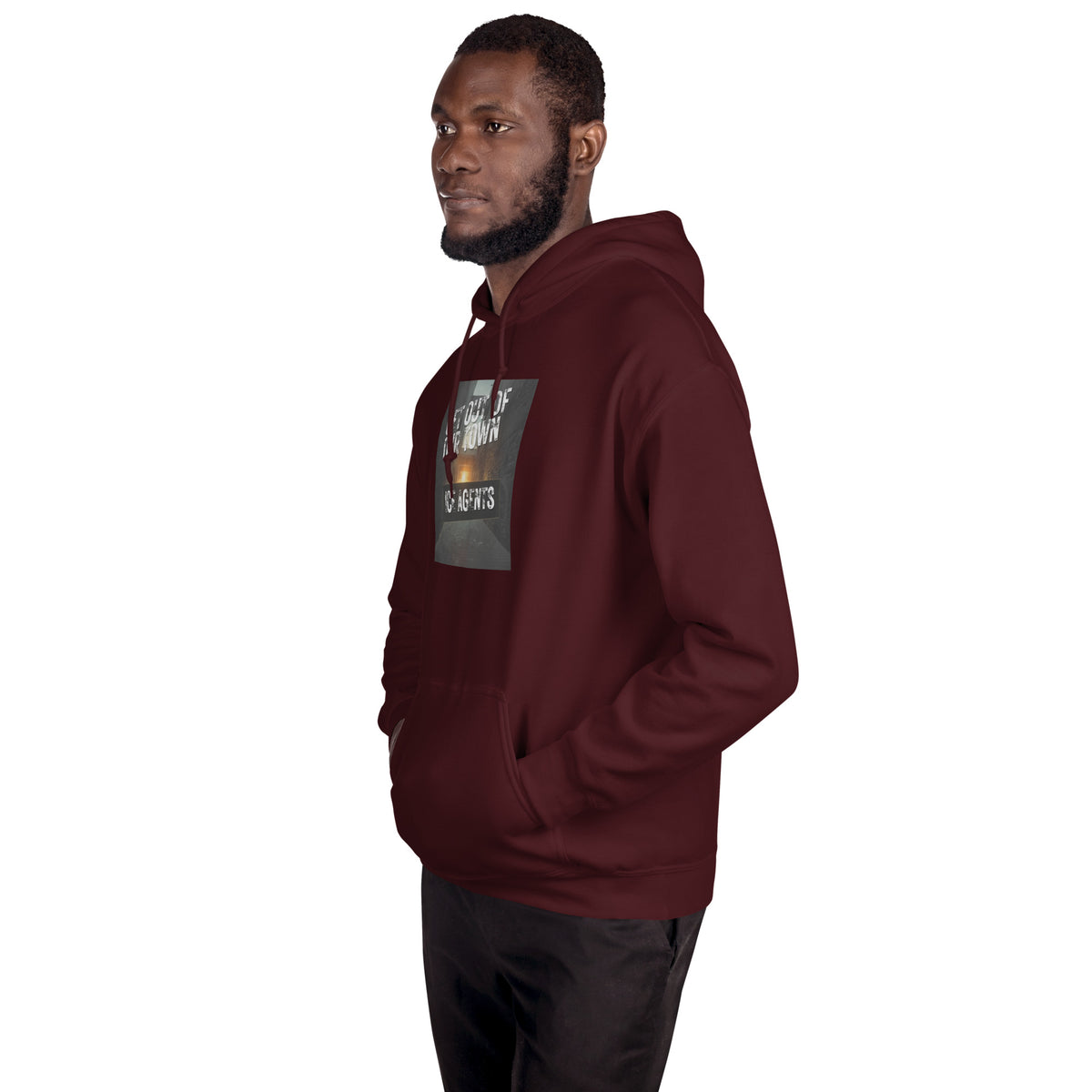 Maroon hoodie side view with hood and kangaroo pocket, front graphic print