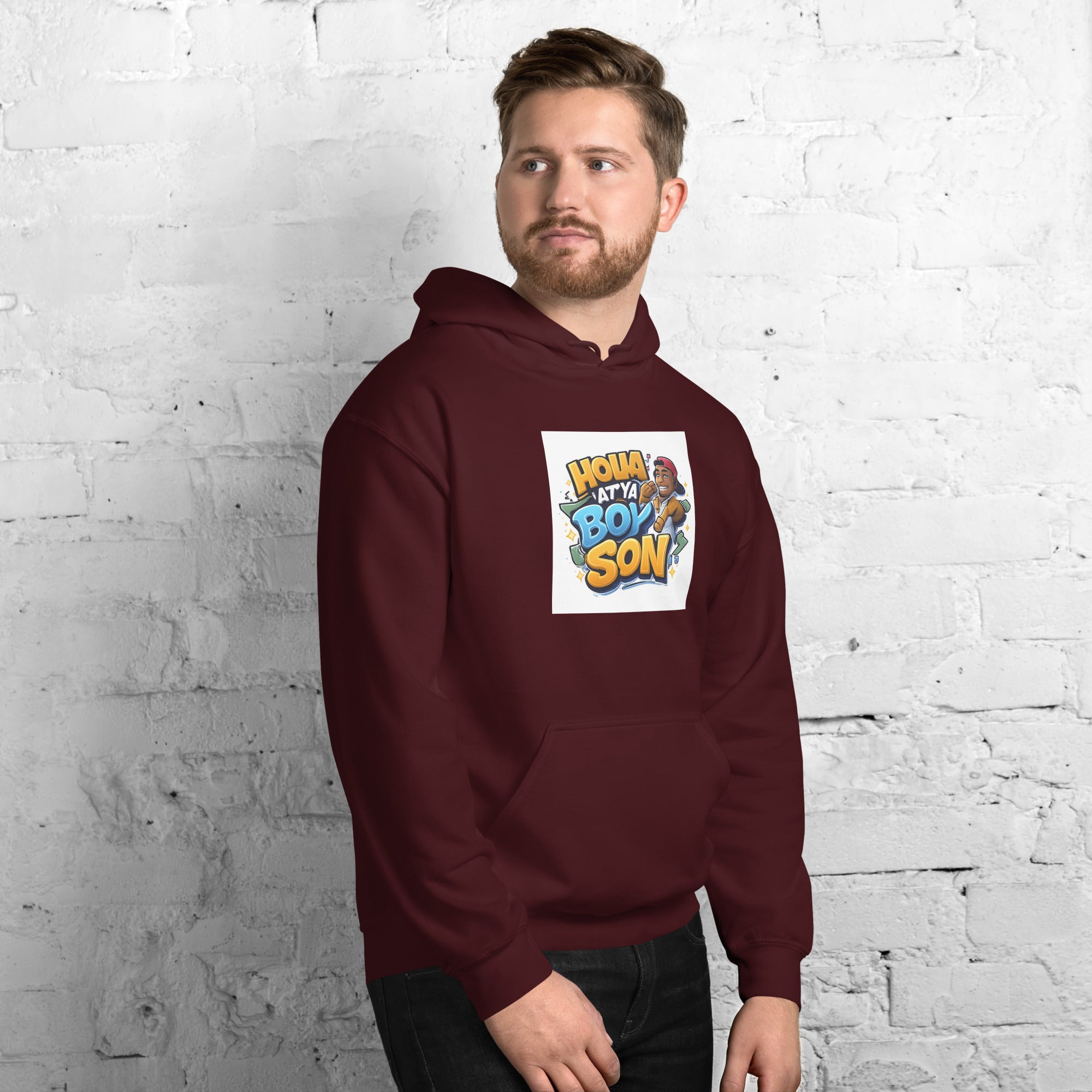 Unisex hoodie, burgundy, chest graphic print and front kangaroo pocket