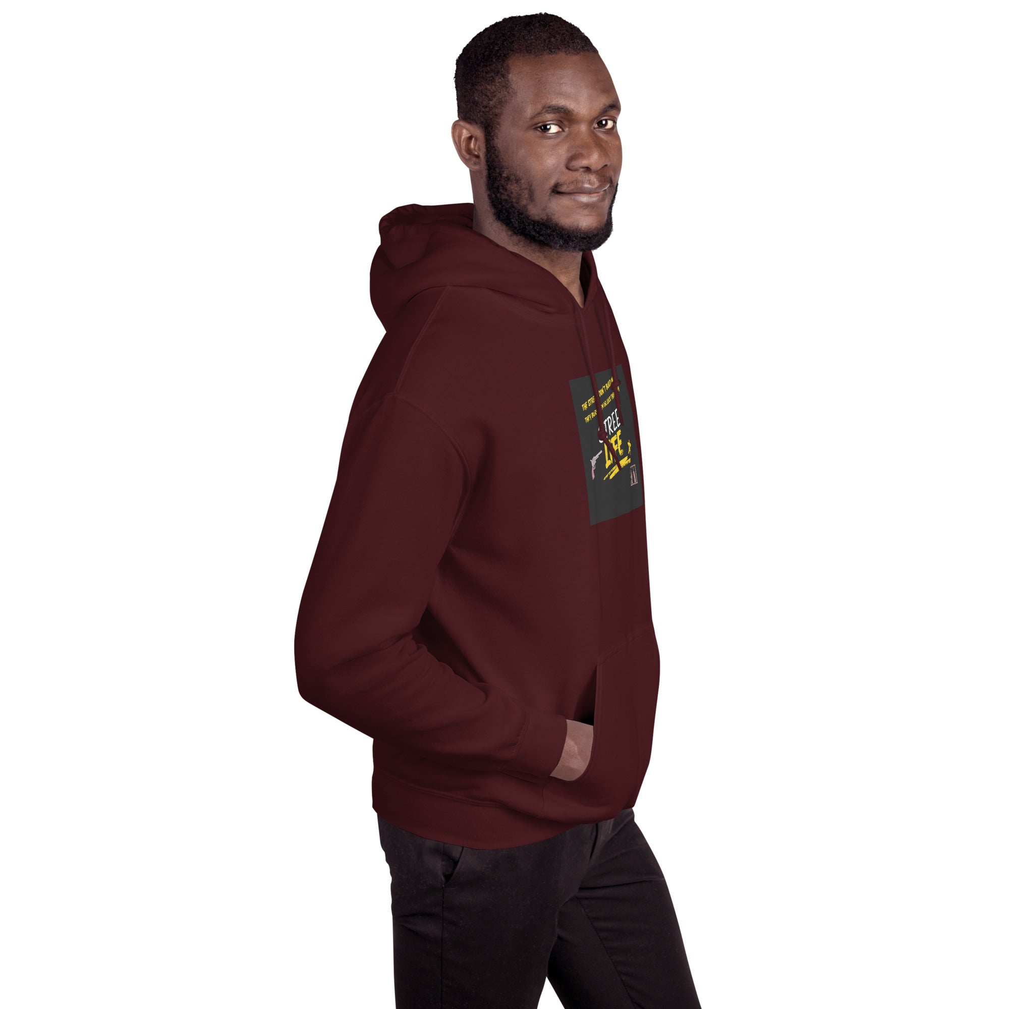 Maroon unisex hoodie, side view; logo graphic on chest; pullover hood