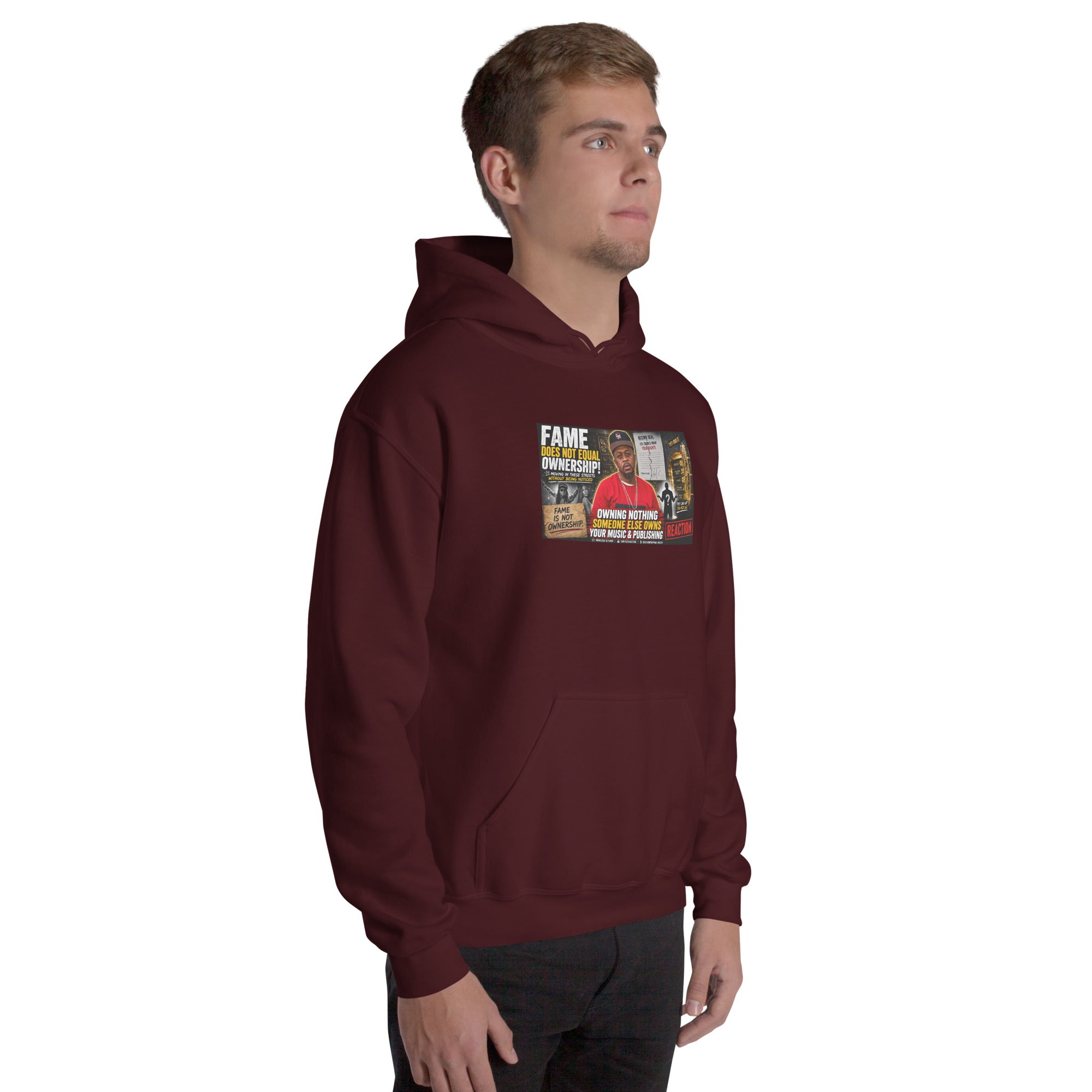 Maroon unisex hoodie with front graphic print and relaxed fit