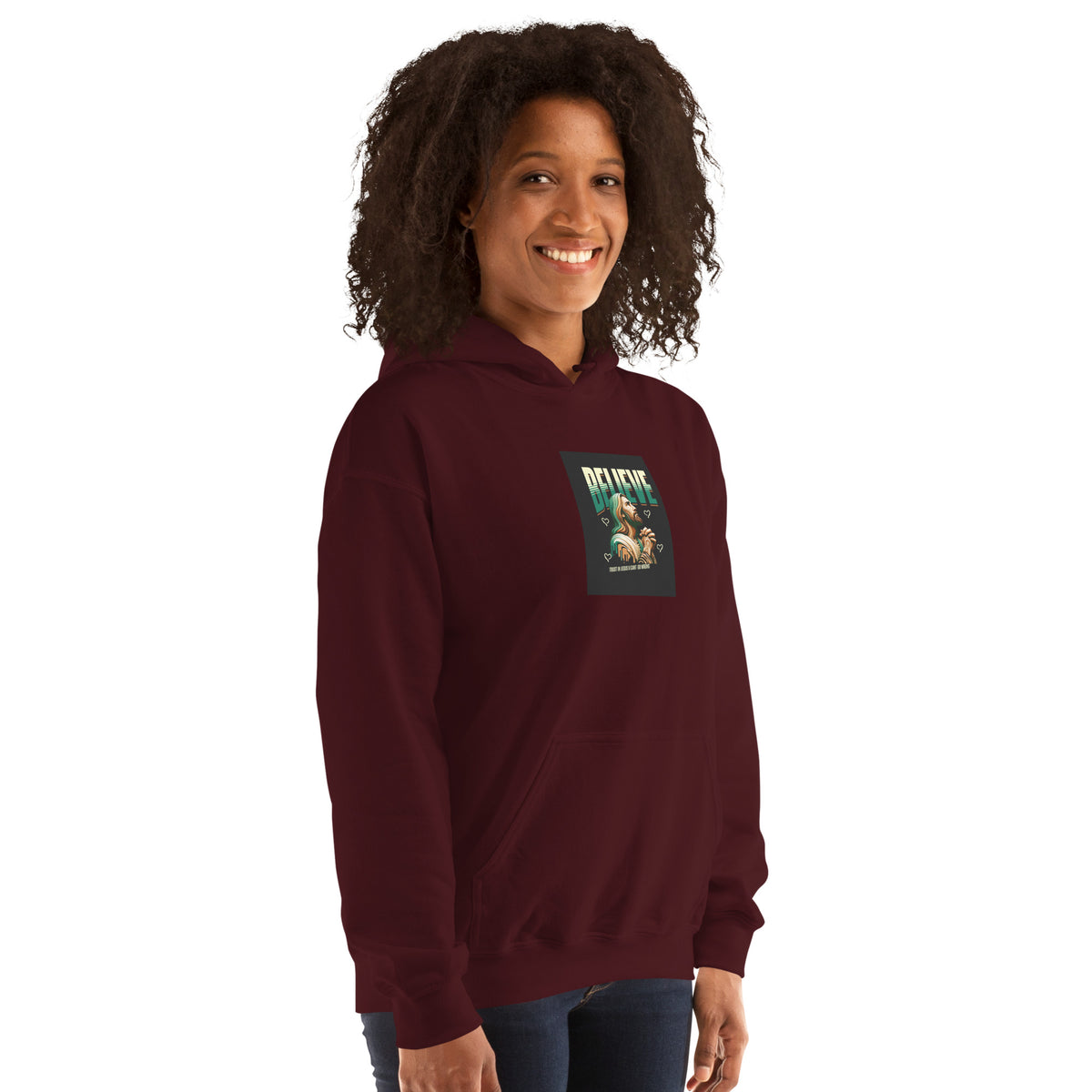 Maroon hoodie with printed chest graphic, hooded front view