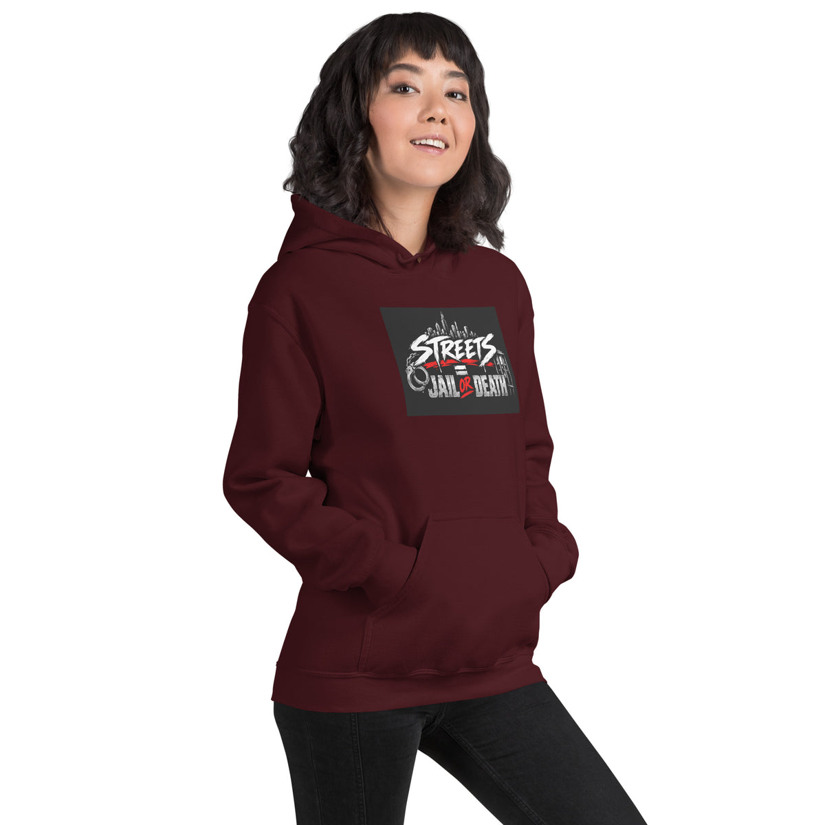 Maroon unisex hoodie, front view with hood, graphic chest logo, and kangaroo pocket