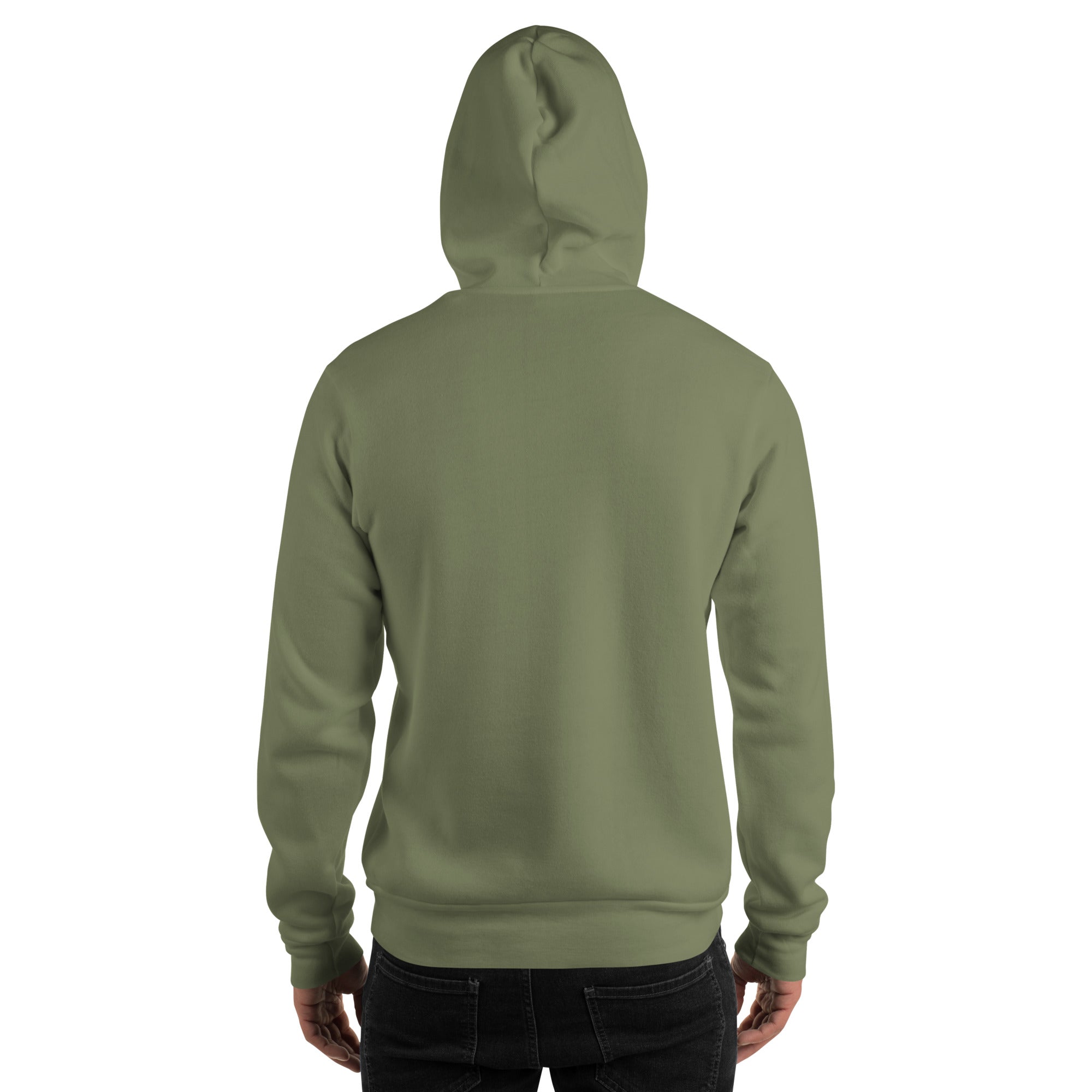 Unisex hoodie, military green, plain back view with hood