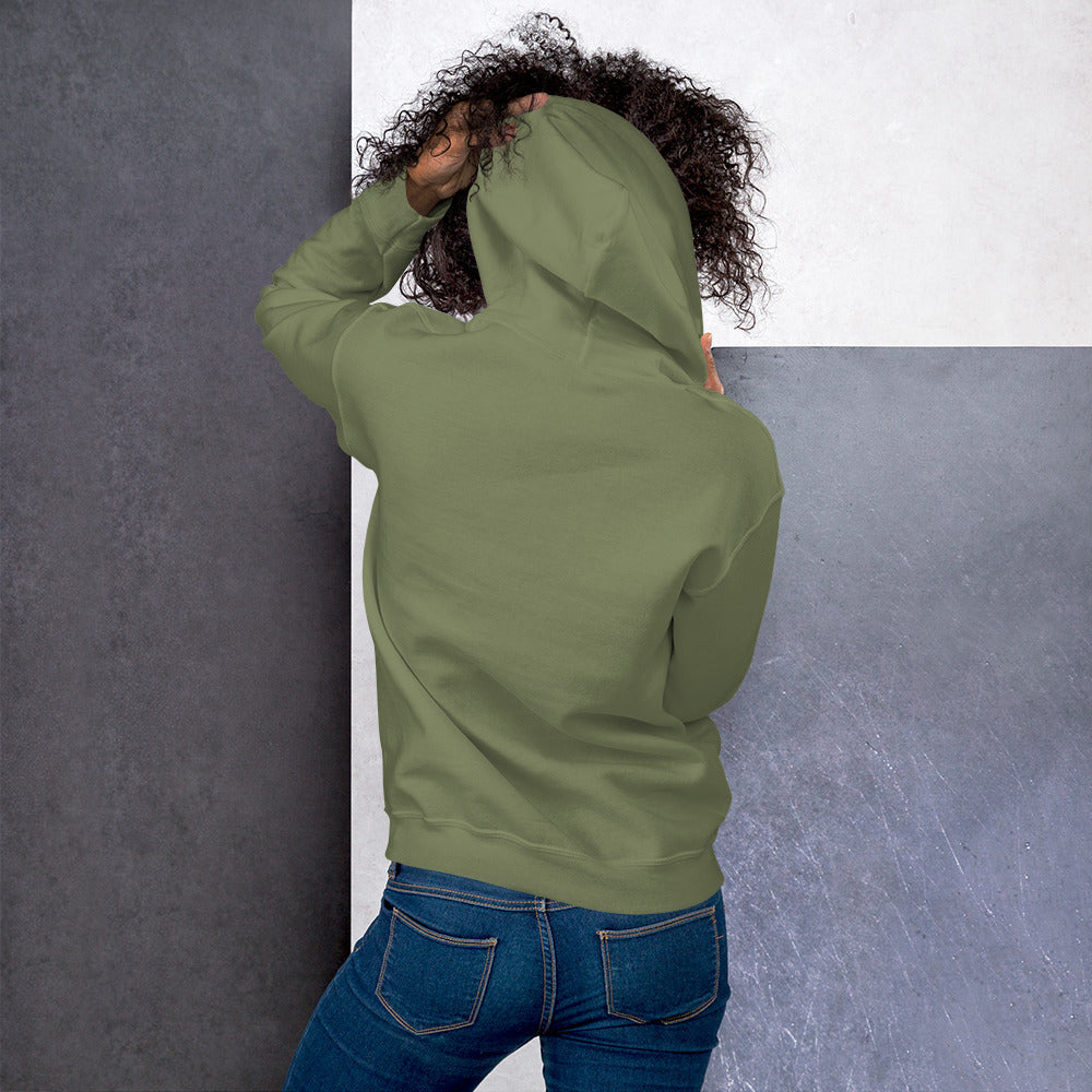 Olivefarbener Hoodie, Rückansicht mit Kapuze und Kängurutasche