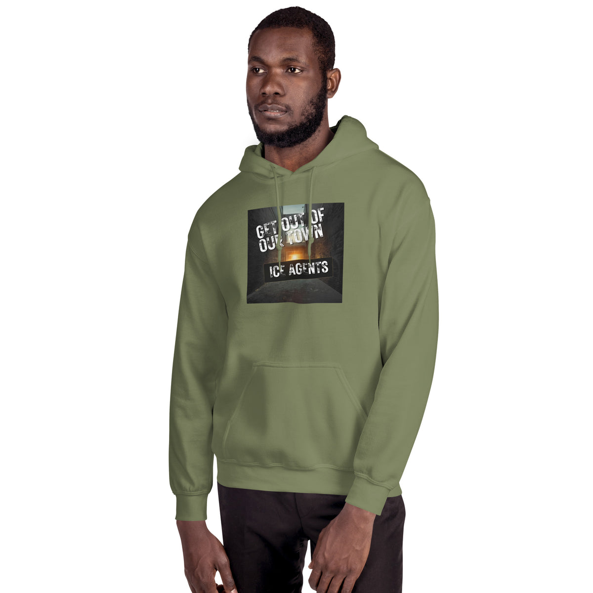 Olive green pullover hoodie with hood, front kangaroo pocket, and square chest graphic patch