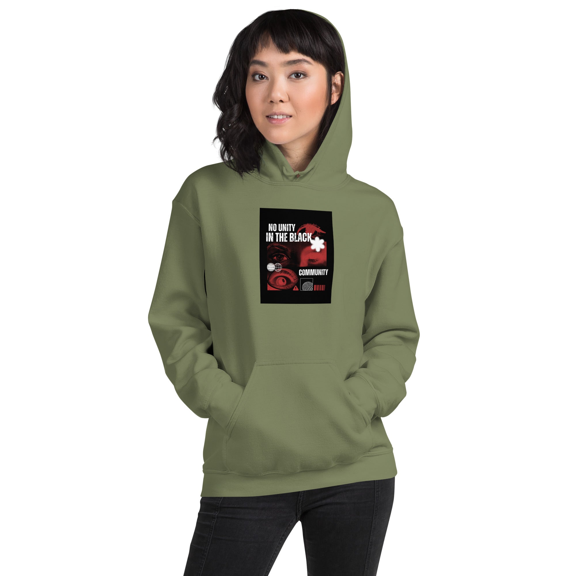 Unisex hoodie in military green, front logo graphic, pullover hood with kangaroo pocket
