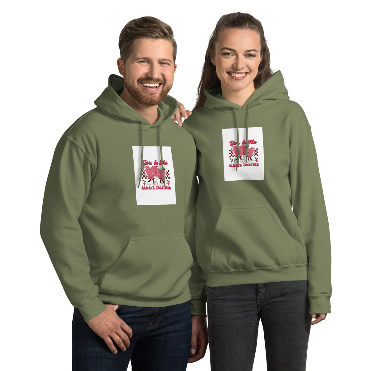 Military green pullover hoodie with hood and front pocket, square chest graphic print.