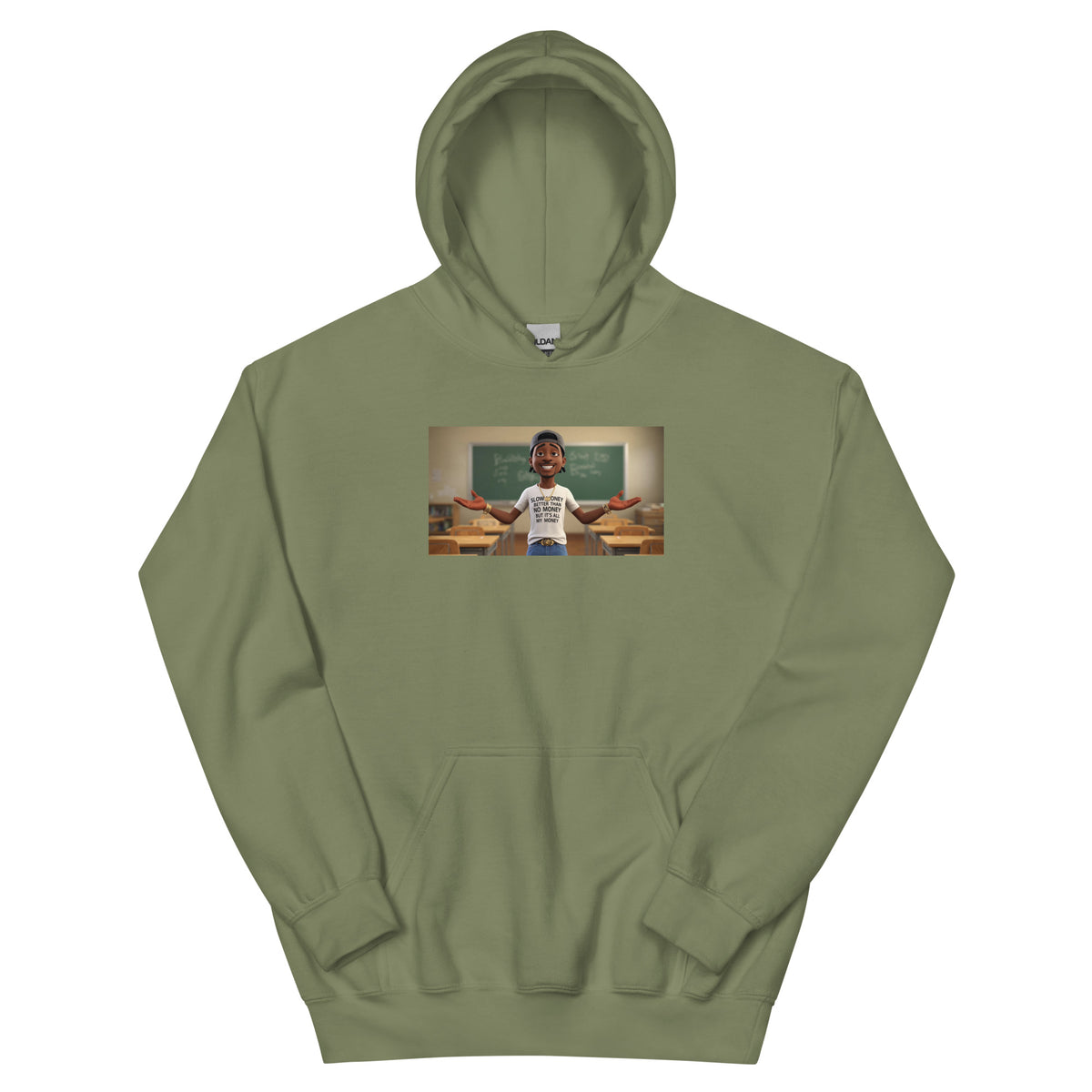 Unisex pullover hoodie in olive green with chest graphic and front kangaroo pocket