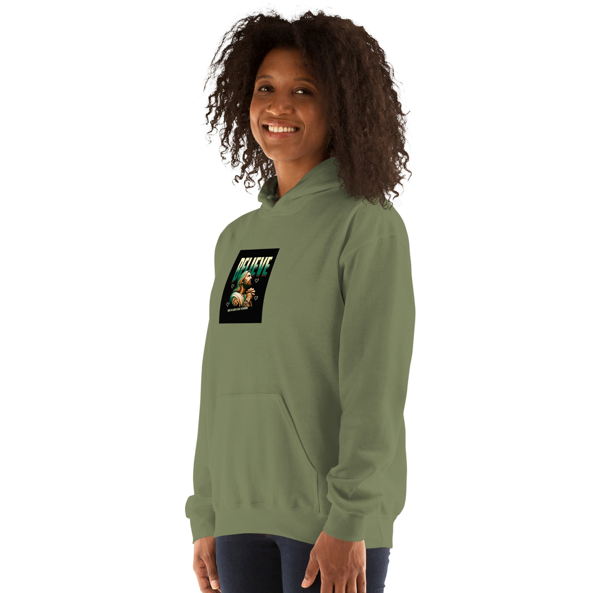 Olive green pullover hoodie with hood, kangaroo pocket, and chest logo graphic