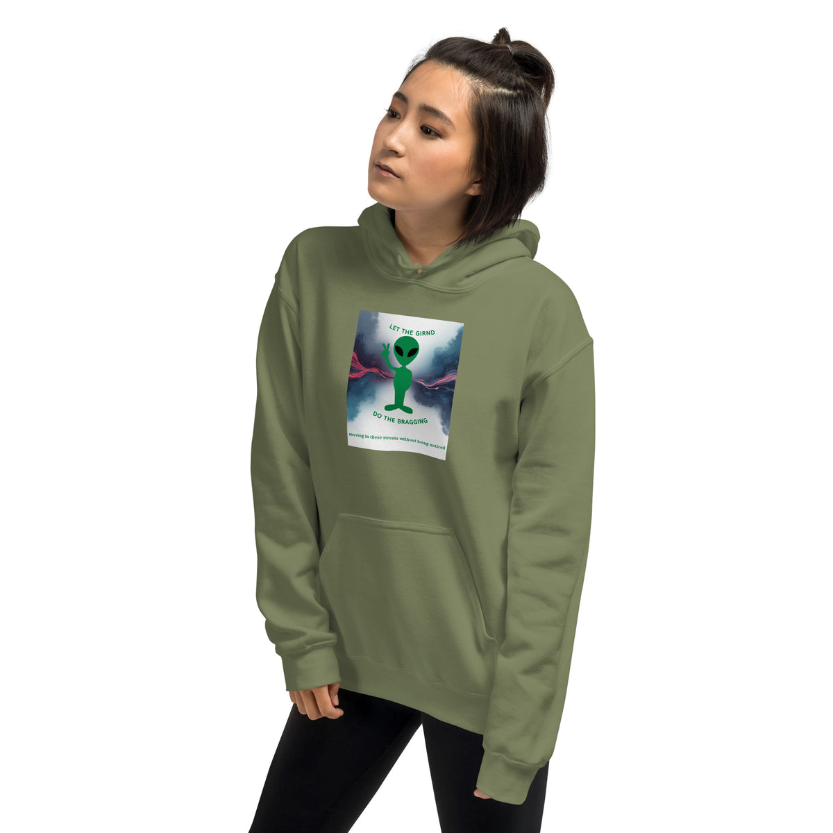 Military green hoodie with hood and kangaroo pocket, front chest graphic print