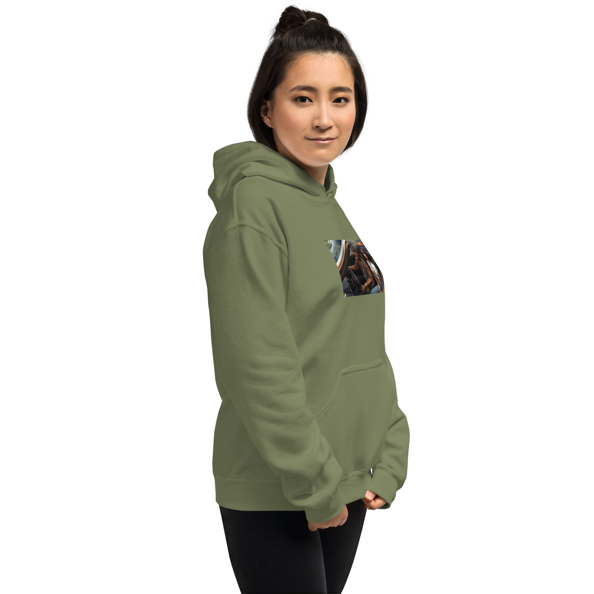 Military green unisex hoodie, side view, front graphic panel and kangaroo pocket