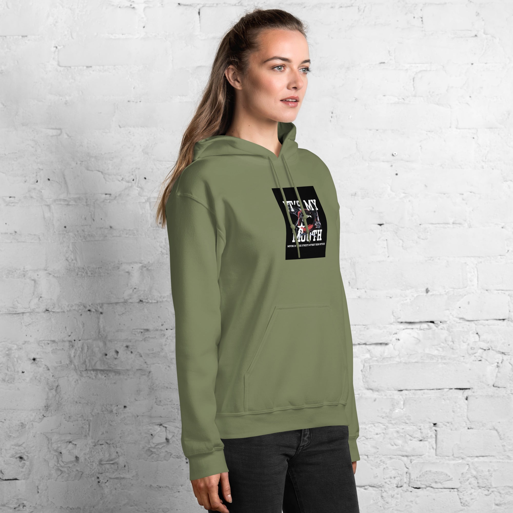 Olive green unisex hoodie, side front with chest graphic and drawstring hood